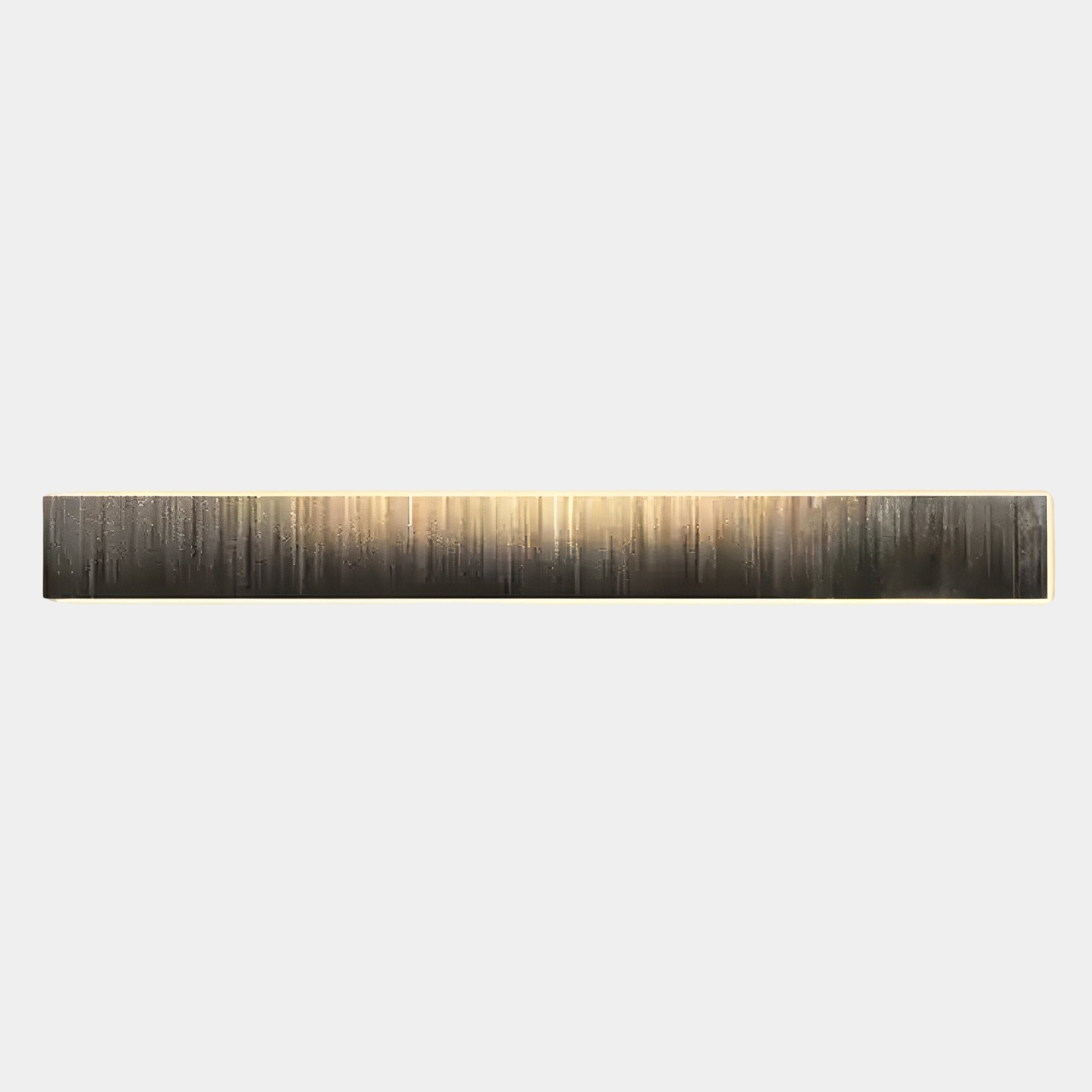 The Radiance Bronze Luster Canvas LED Wall Art by Giant Sculptures features a long, narrow design with vertical golden and dark metallic streaks on a light background, evoking an abstract cityscape or forest.
