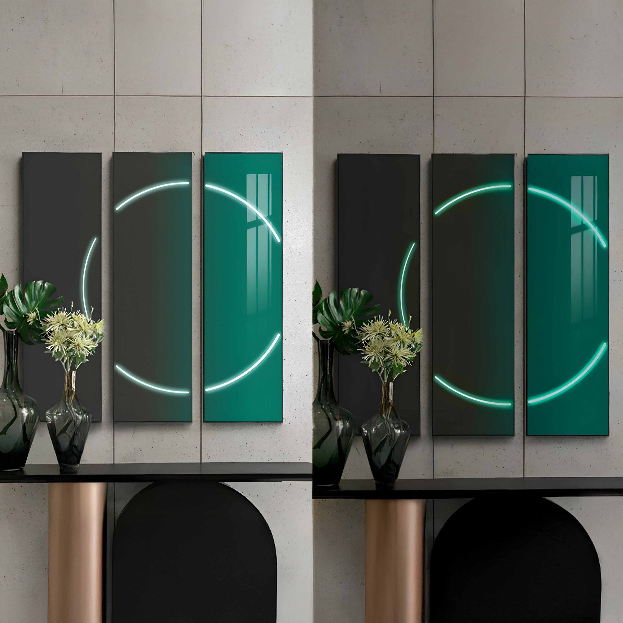 The Helios Emerald Crystal Porcelain LED Wall Art by Giant Sculptures features three vertical panels, two with glowing partial circles. The left panel is unlit while the right glows emerald. Below, vases with green foliage on a black console table complement modern interiors.