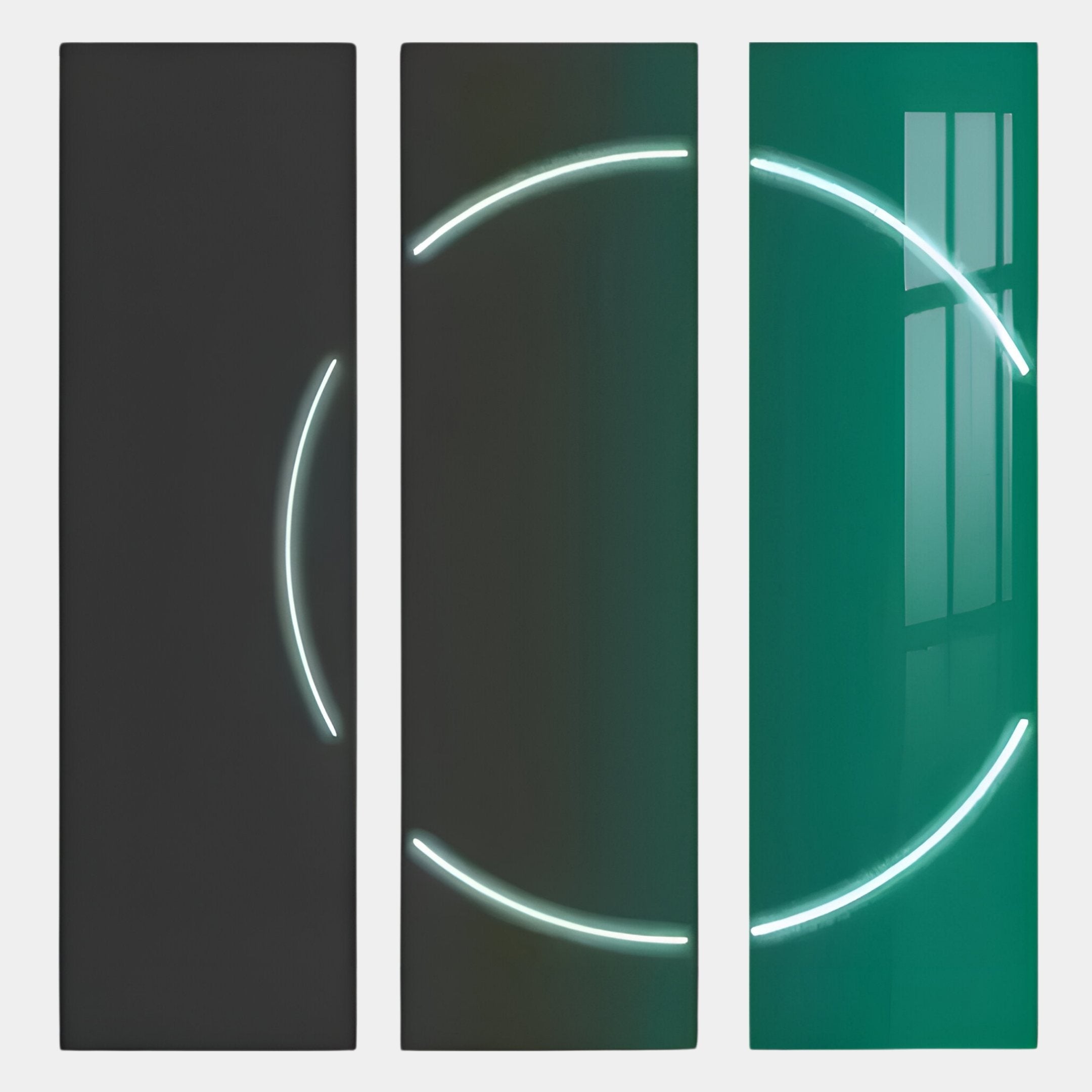 The Helios Emerald Crystal Porcelain LED Wall Art by Giant Sculptures features three vertical panels with a neon circle—left panel mostly dark, center in deep emerald green, and right in bright teal reflecting a window. Perfect for modern spaces.