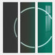 The Helios Emerald Crystal Porcelain LED Wall Art by Giant Sculptures features three vertical panels with a neon circle—left panel mostly dark, center in deep emerald green, and right in bright teal reflecting a window. Perfect for modern spaces.