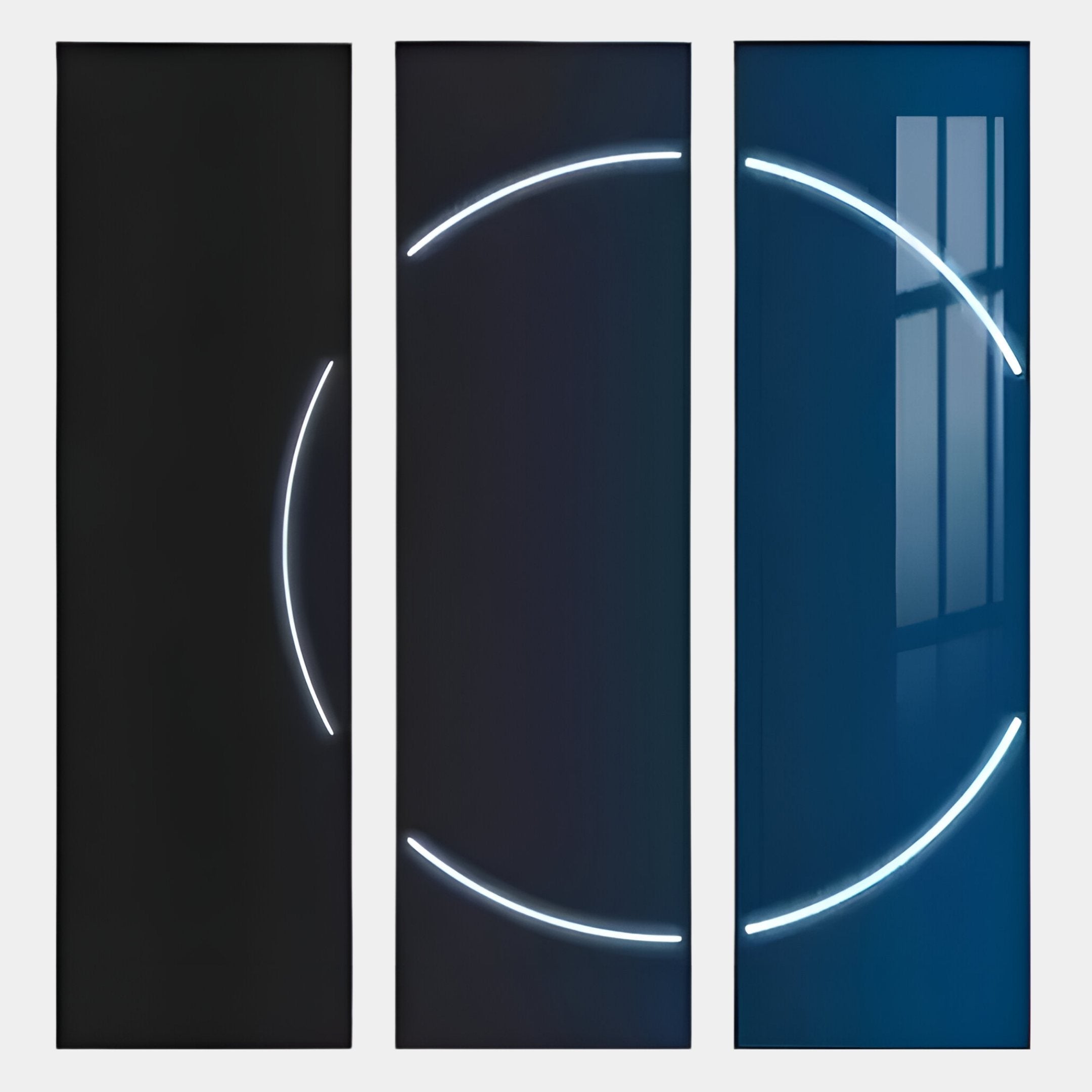 Three vertical panels from Giant Sculptures’ Helios Cobalt Crystal Porcelain LED Wall Art display partial white neon arcs on dark backgrounds, forming a segmented circle. The right panel reflects a window, adding geometric flair to this minimalist decor piece.