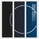 Three vertical panels from Giant Sculptures’ Helios Cobalt Crystal Porcelain LED Wall Art display partial white neon arcs on dark backgrounds, forming a segmented circle. The right panel reflects a window, adding geometric flair to this minimalist decor piece.