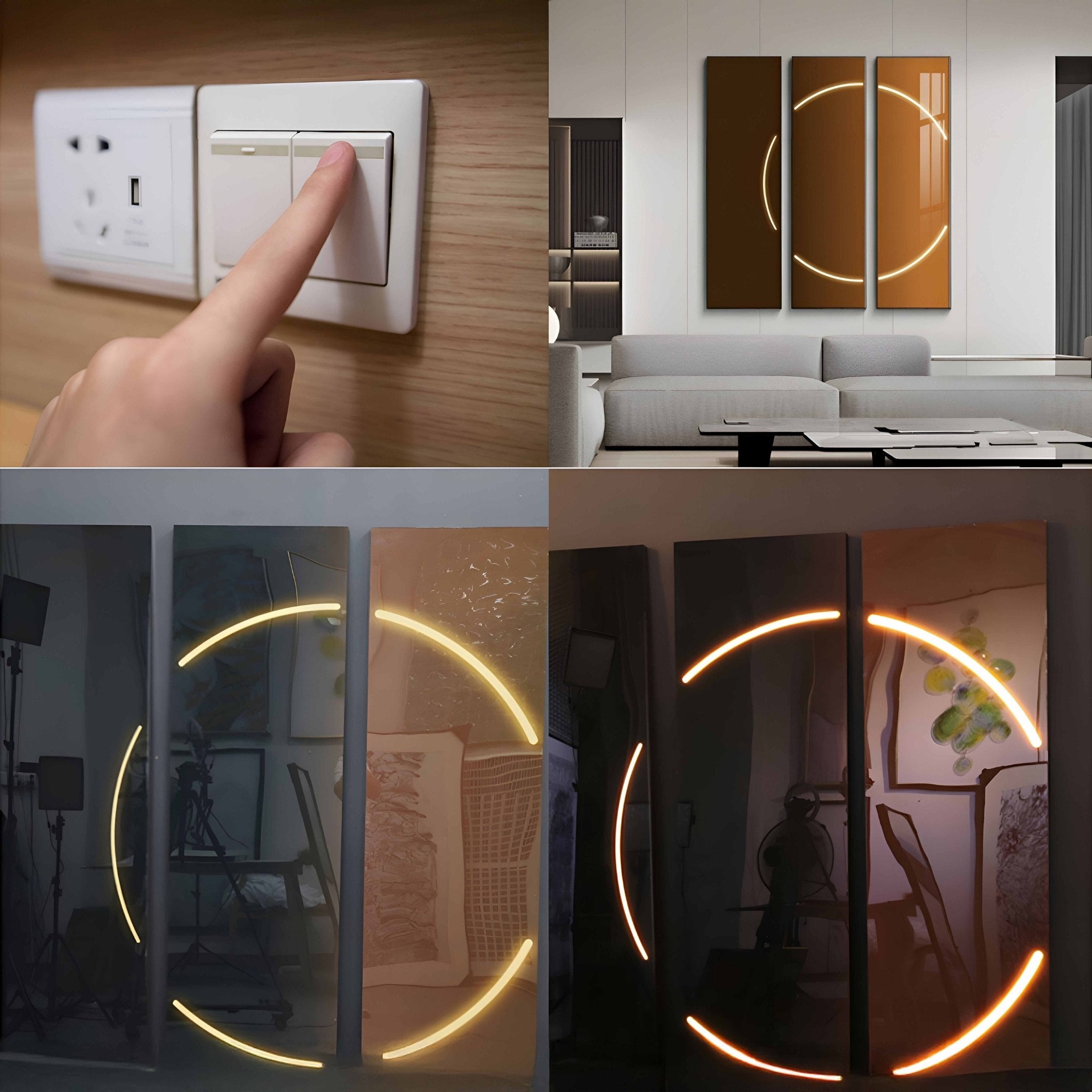 Collage shows: a hand pressing a wall switch, the Helios Copper Crystal Porcelain LED Wall Art by Giant Sculptures illuminated in a modern living room, and in daylight/night. The metallic palette adds elegance to any space.