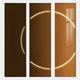The Helios Copper Crystal Porcelain LED Wall Art by Giant Sculptures features three vertical panels with a warm brown backdrop and glowing curved white lines, forming an incomplete circle and showing a window reflection on the right-most panel.