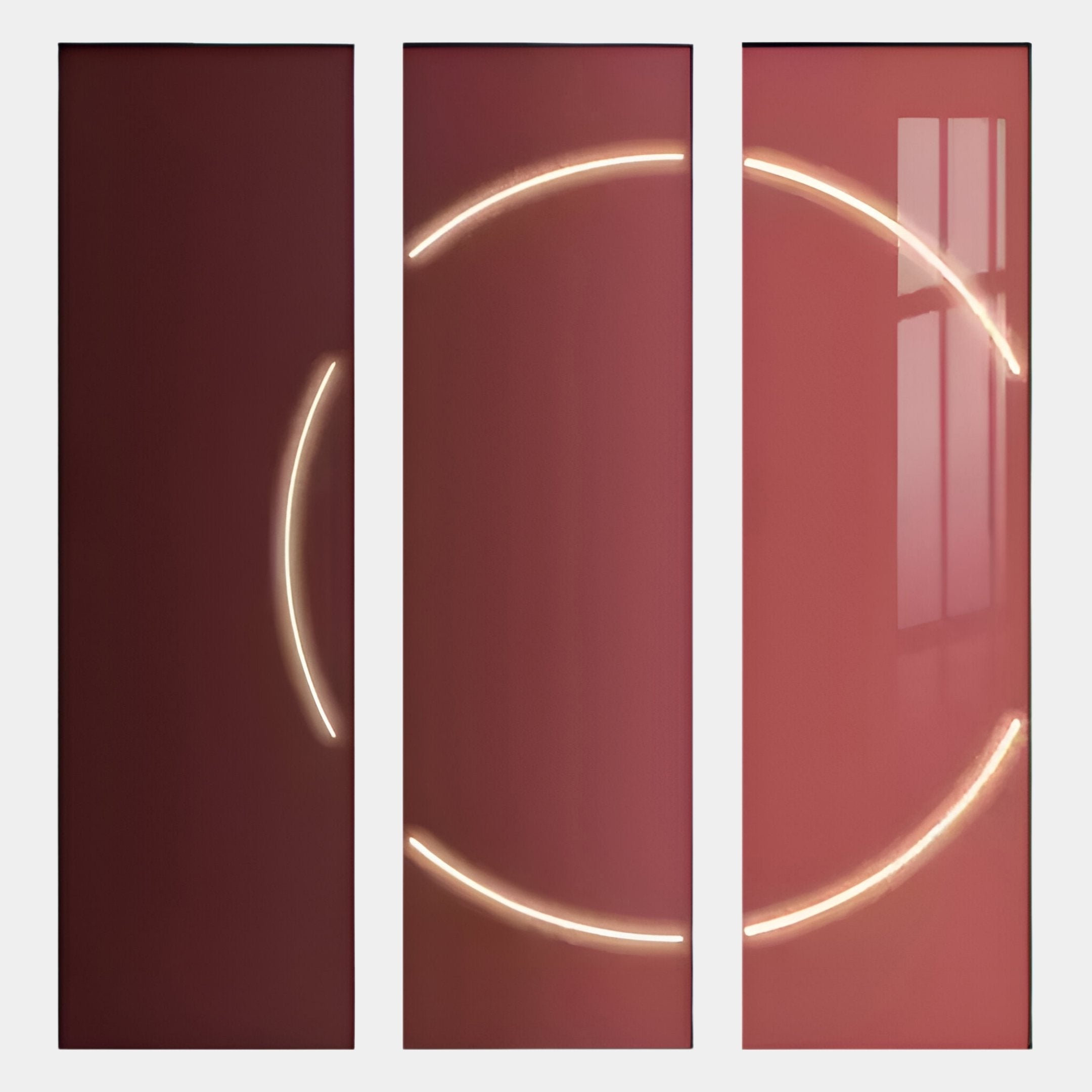 The Helios Ruby Crystal Porcelain LED Wall Art by Giant Sculptures features three vertical panels with curved glowing white lines forming a large circle on a smooth ruby-red background, plus a subtle window reflection on the right panel.