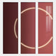 The Helios Ruby Crystal Porcelain LED Wall Art by Giant Sculptures features three vertical panels with curved glowing white lines forming a large circle on a smooth ruby-red background, plus a subtle window reflection on the right panel.