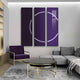 A modern living room showcases a gray sectional sofa, purple armchair, and a round black marble coffee table with gold legs. The Helios Amethyst Crystal Porcelain LED Wall Art by Giant Sculptures features a circular light pattern, creating a striking focal point in this contemporary space.