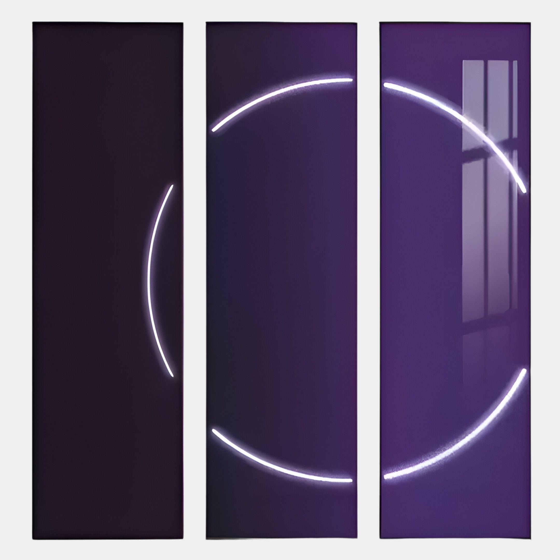Three vertical Helios Amethyst Crystal Porcelain LED Wall Art panels by Giant Sculptures, with a dark purple background, each show segments of a white neon arc forming a broken circle. The right panel features a subtle window reflection.