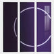 Three vertical Helios Amethyst Crystal Porcelain LED Wall Art panels by Giant Sculptures, with a dark purple background, each show segments of a white neon arc forming a broken circle. The right panel features a subtle window reflection.