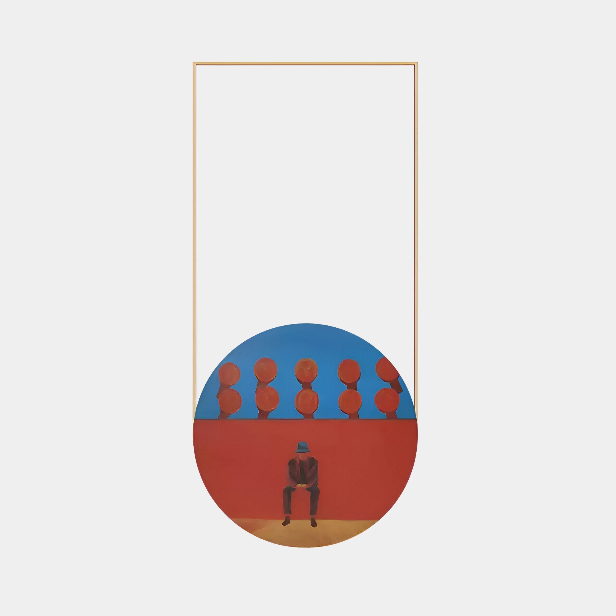 Titled Orion Crimson Silhouettes by Giant Sculptures, this LED wall art features a lone figure in a blue hat on a red floor within a circular frame. Five crimson sphere silhouettes are aligned against the blue backdrop, with an empty rectangular frame extending above, embodying the oil paintings palette.