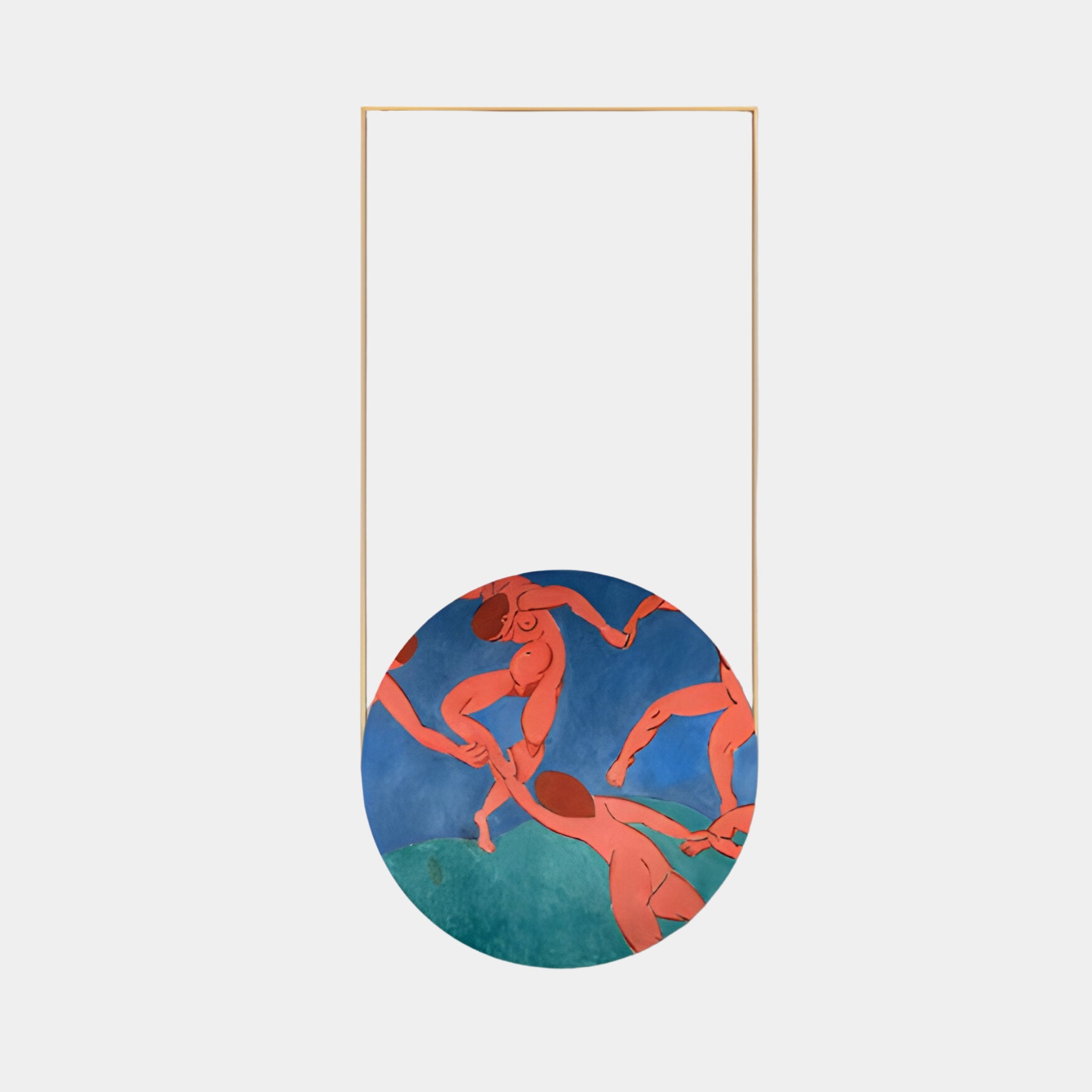 The Orion Coral Dancers Oil Painting LED Wall Art by Giant Sculptures depicts coral dancers swirling against an oceanic blue-green backdrop within a minimalist vertical gold frame, evoking movement and unity.