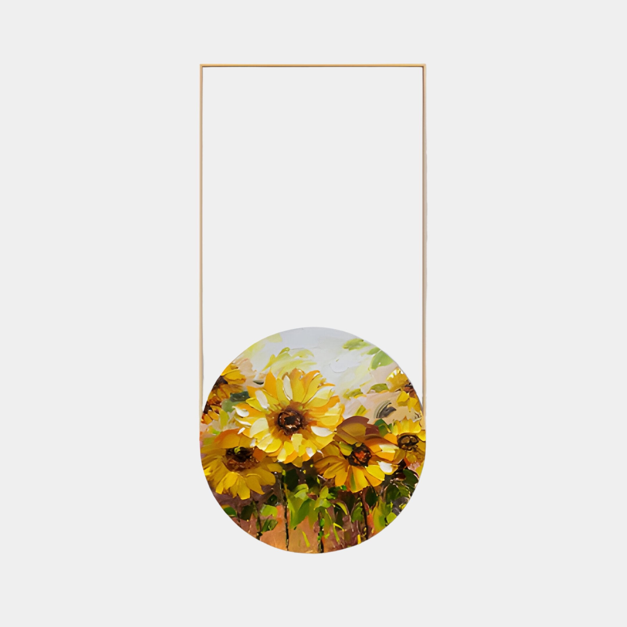 The Orion Sunflower Fields I Oil Painting LED Wall Art by Giant Sculptures features vibrant yellow sunflowers with green leaves against a light background, set centrally at the bottom of a vertical rectangular white frame, evoking a charming contrast.