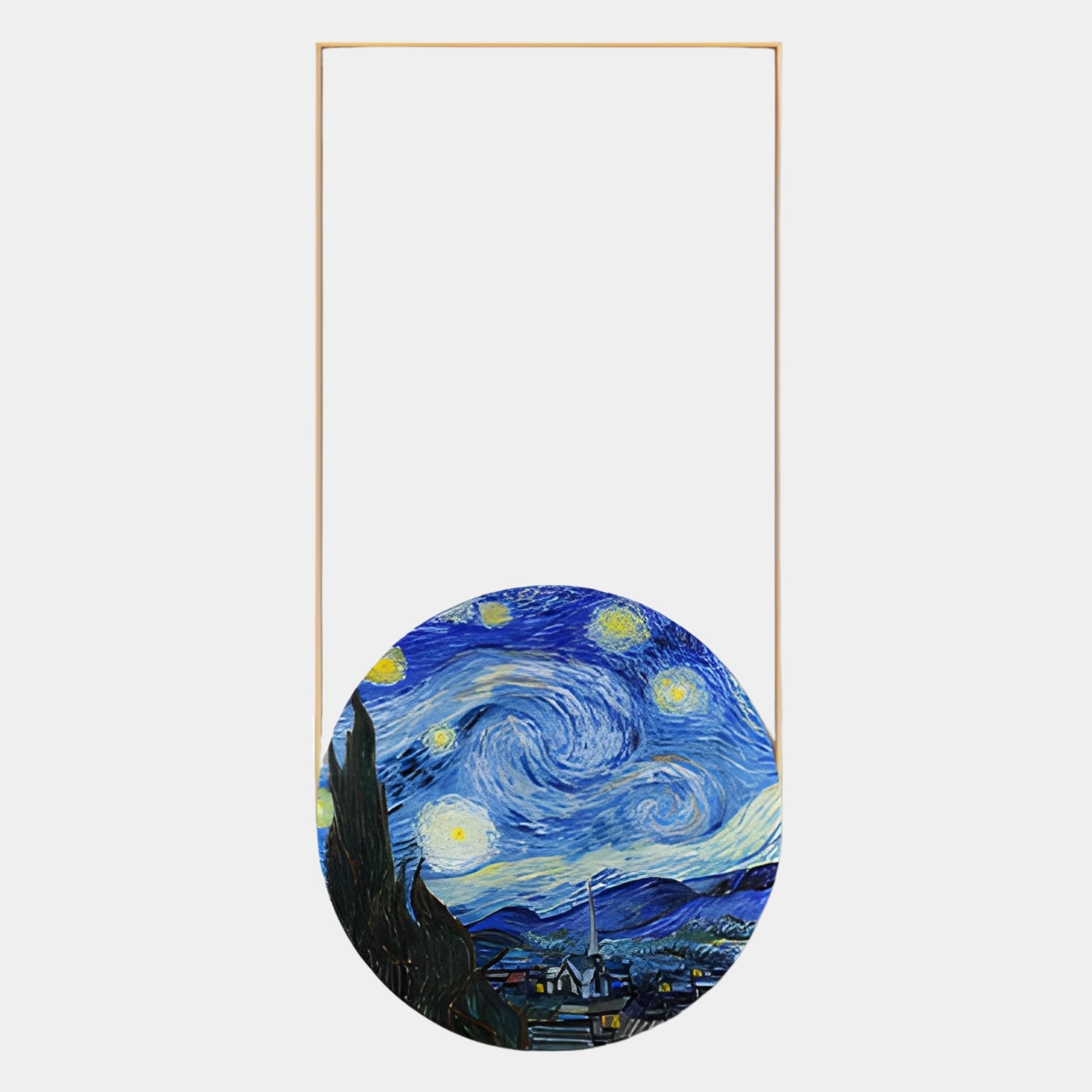 The Orion Starry Skies Oil Painting LED Wall Art by Giant Sculptures features a rectangular gold frame with a round bottom, displaying Van Gogh’s The Starry Night. The upper section is empty with a white background for a modern effect.