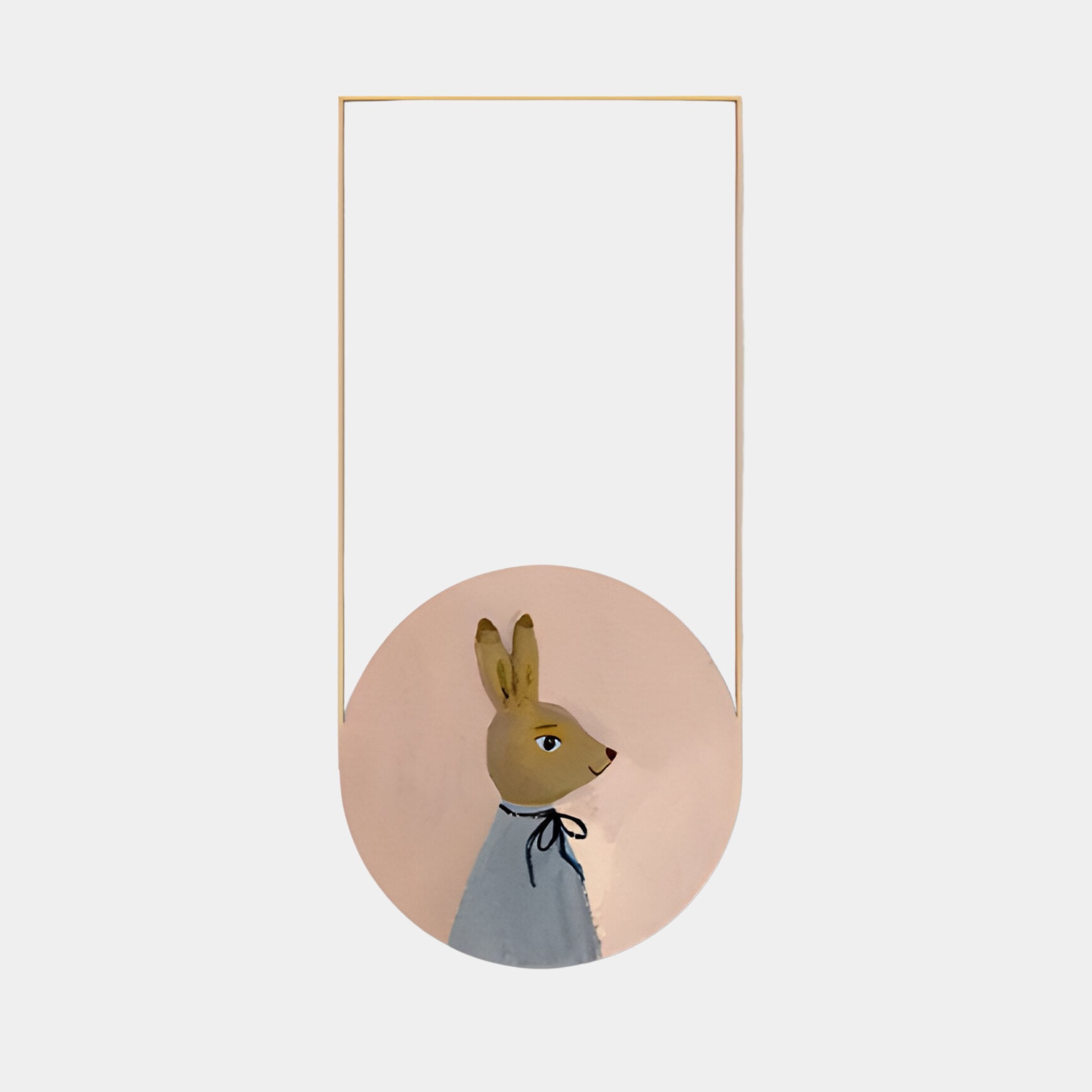 A minimalist illustration of a rabbit with a dark ribbon in a circular frame hangs from a gold wire. Reminiscent of Giant Sculptures Orion Bunny Daydream Oil Painting, the rabbit gazes rightward against a soft pink background with pastel hues.