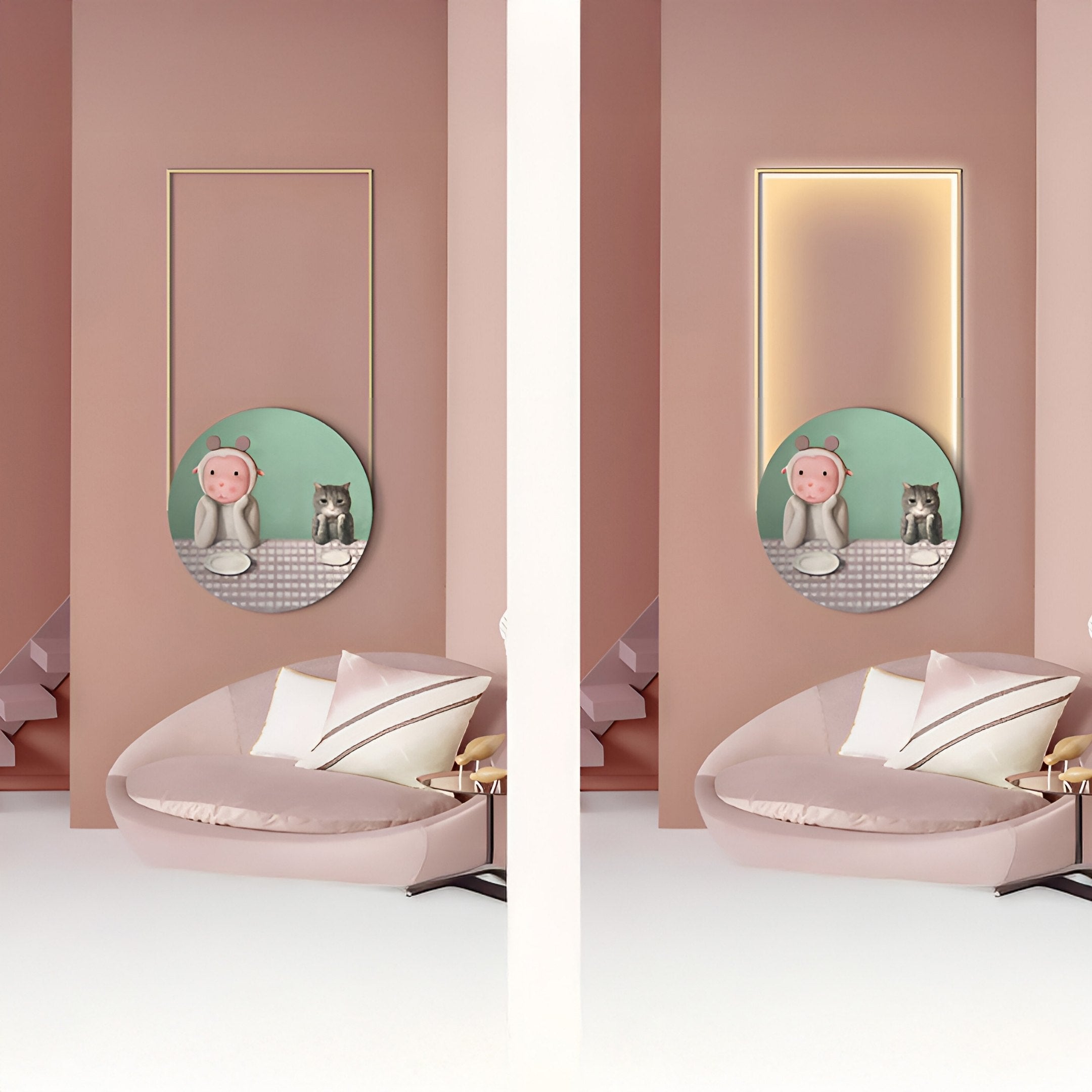 A modern living room with pink walls displays the Orion Playful Pals Oil Painting LED Wall Art by Giant Sculptures. A round mirror reflects a person in a pink hood with bear ears and a cat. The scene features a curved sofa with beige and white pillows, accented by sleek geometric design elements.