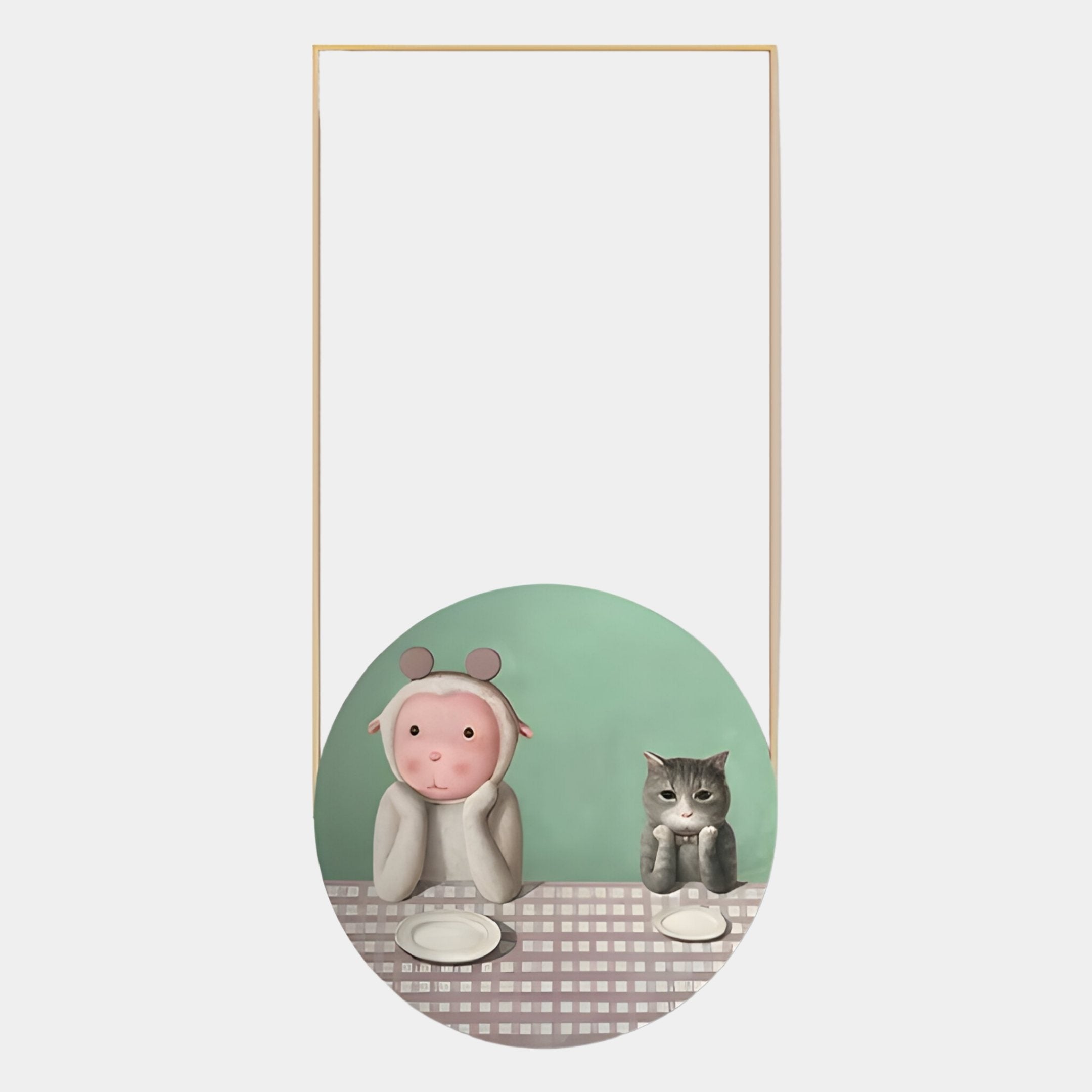 A person in a cow costume and a gray cat sit at a table with empty plates, against a green backdrop, just like the whimsical Orion Playful Pals Oil Painting LED Wall Art by Giant Sculptures.