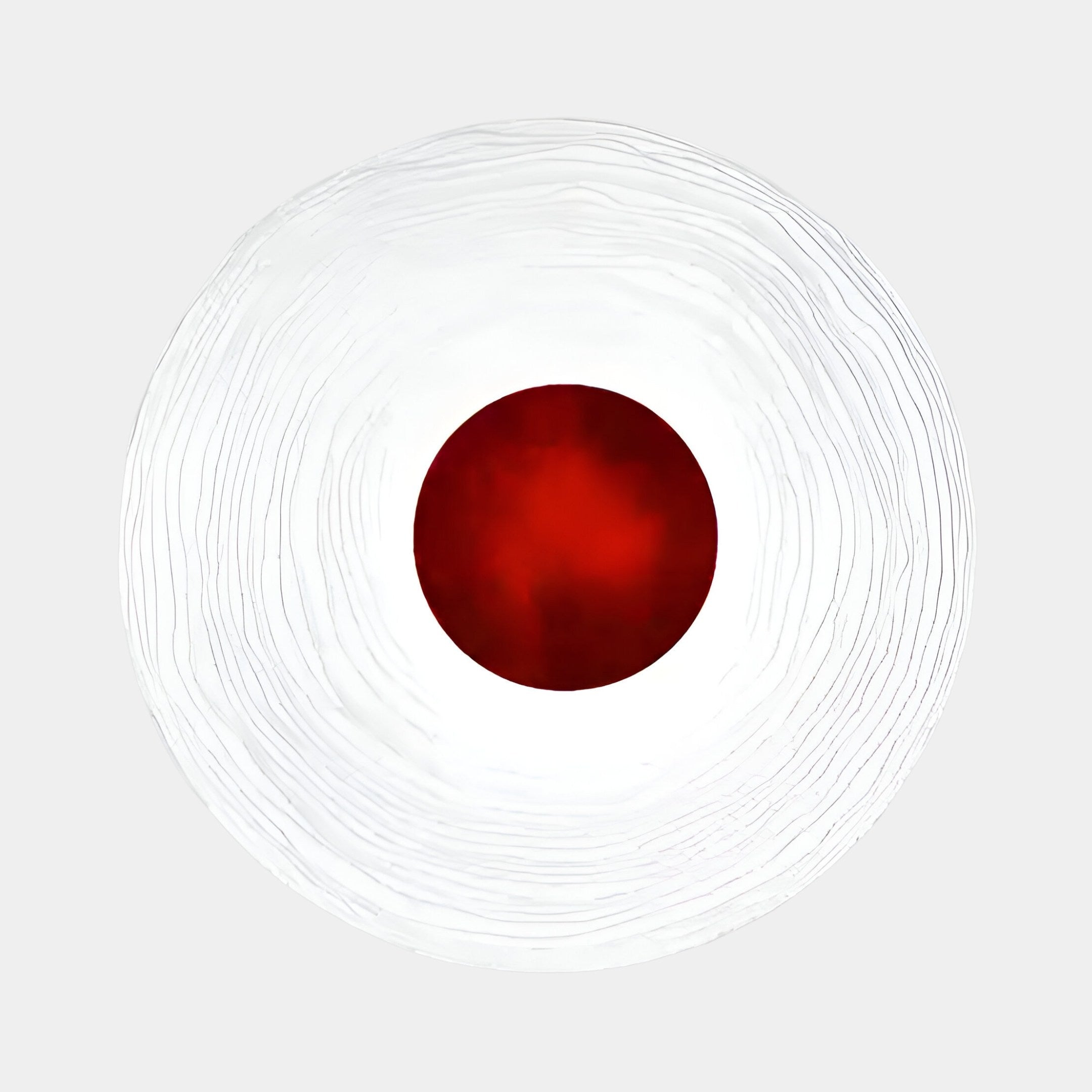 The Ventus Crimson Flame Wood Carving 3D LED Wall Art by Giant Sculptures showcases a white circular canvas with textured rings radiating from a vivid crimson flame center, set against a light gray background for a striking 3D effect.