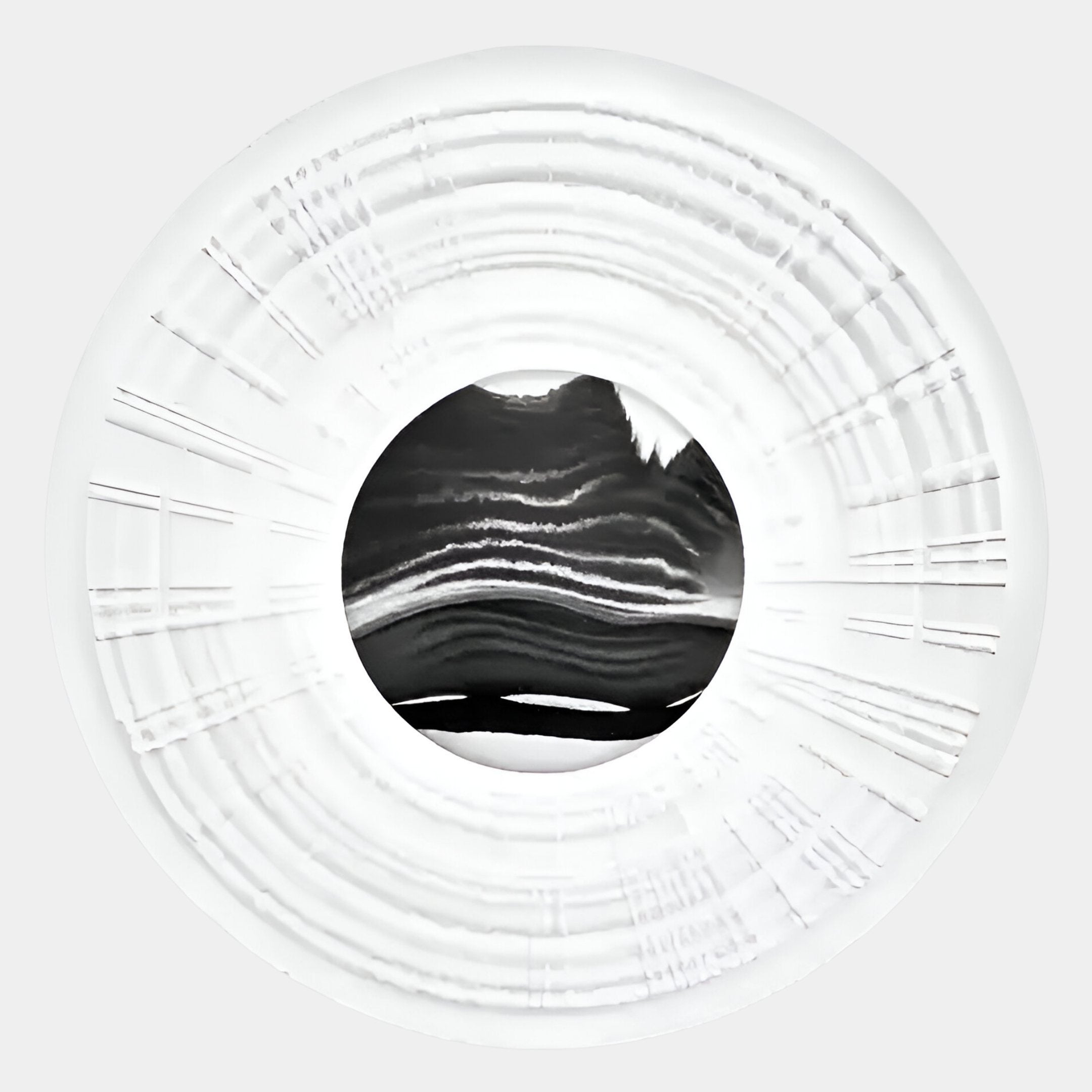 A white plate features a black and white circular center, inspired by Giant Sculptures’ Ventus Onyx Strata Wood Carving 3D LED Wall Art; textured concentric ridges along the edge evoke a wood-carved effect.