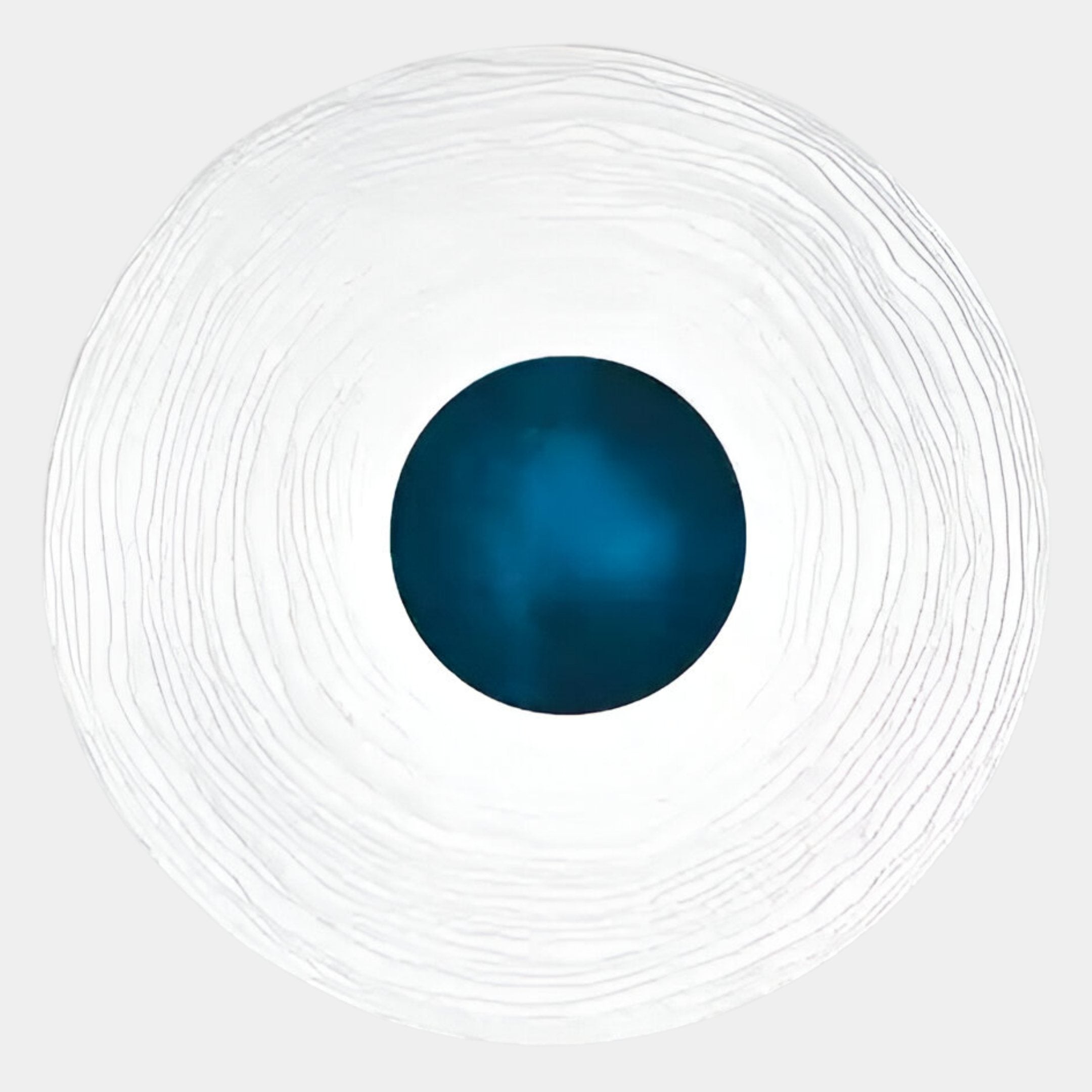 The Ventus Azure Depths Wood Carving 3D LED Wall Art by Giant Sculptures features a white circular form with textured lines around a dark teal center, creating an abstract eye or target and offering a modern coastal look on a light gray background.