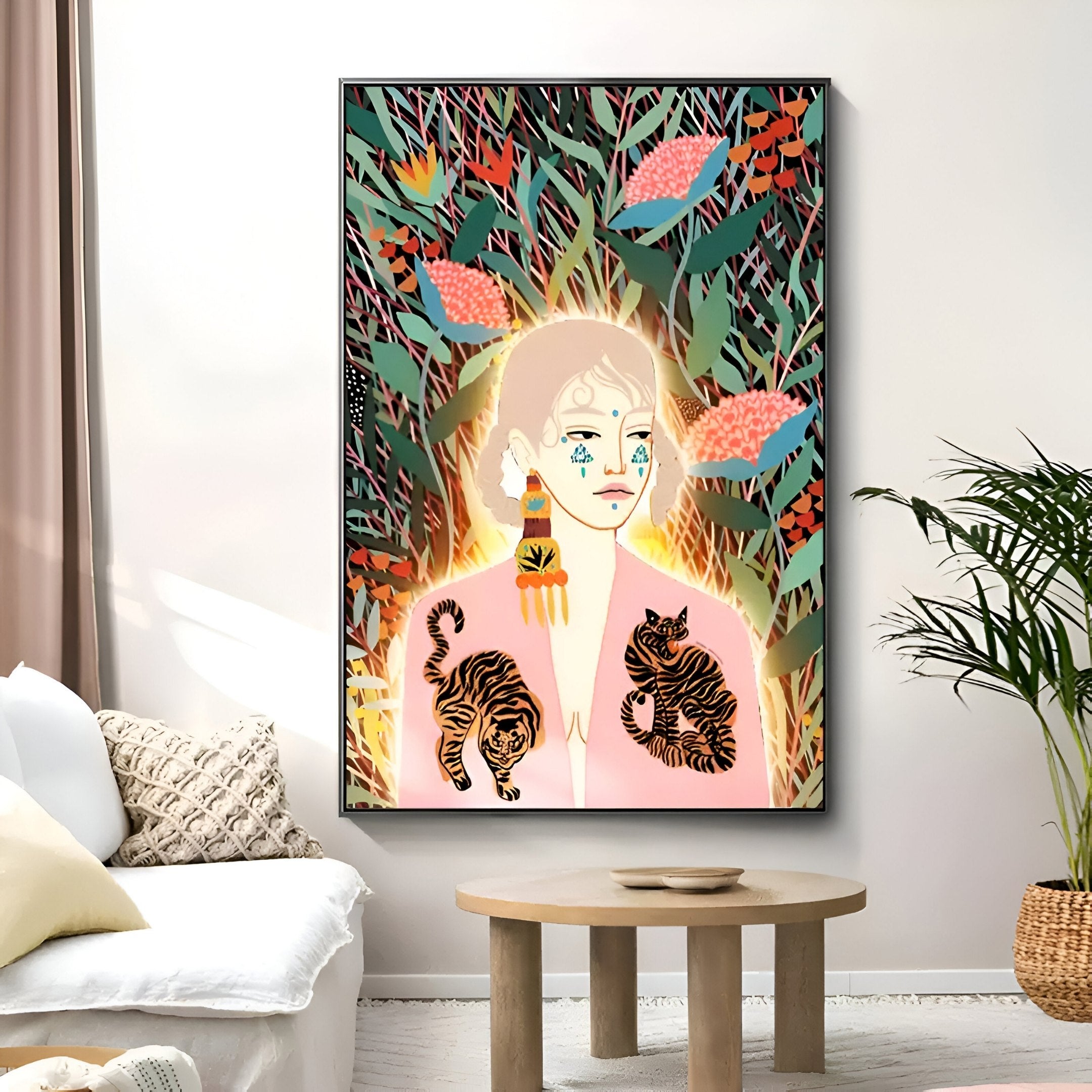 The Solana Bohemian Muse Wood Relief 3D LED Wall Art by Giant Sculptures showcases a person amidst foliage with two tigers, colorful leaves, and orange flowers. The decor includes a white couch, wooden table, and plant.