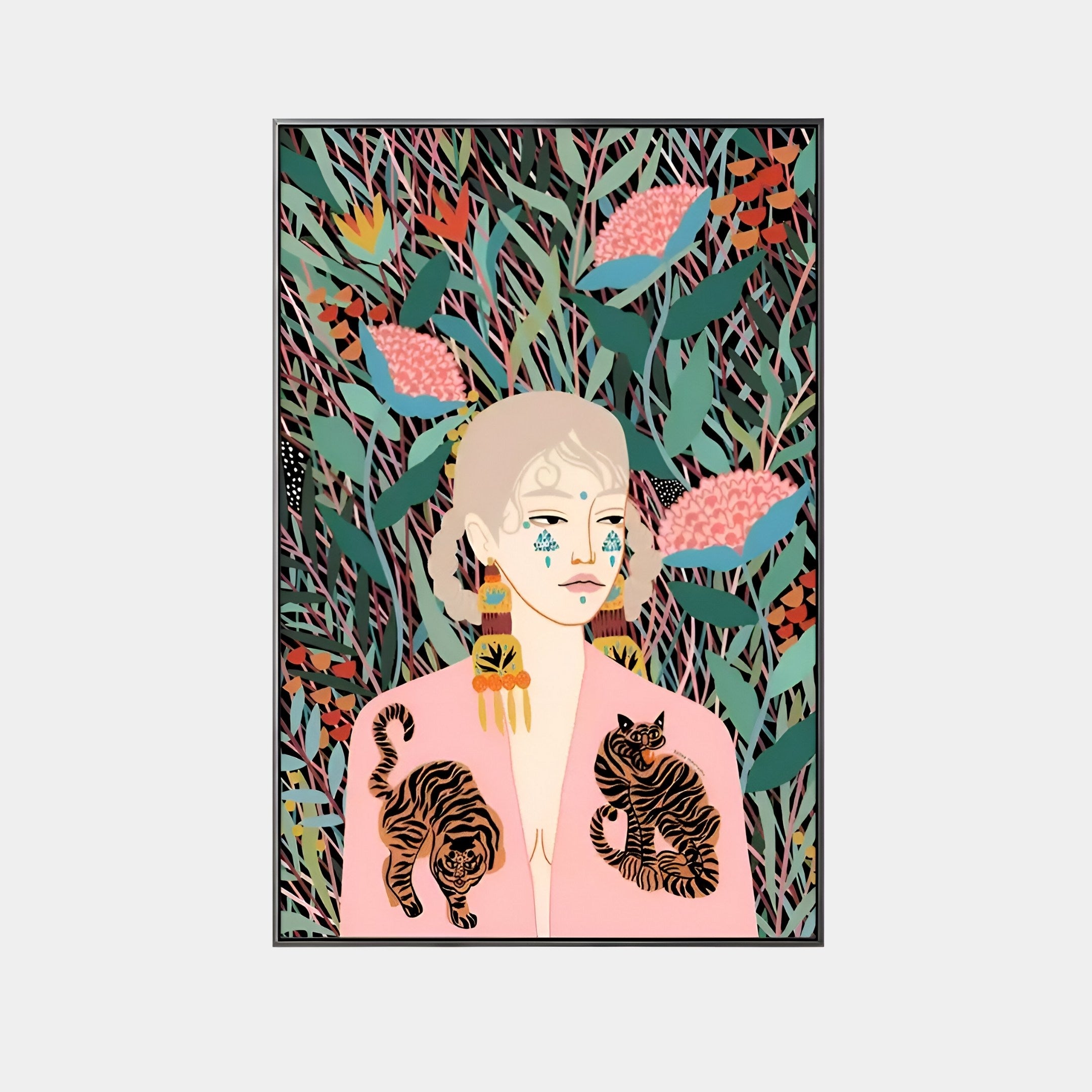 The Solana Bohemian Muse Wood Relief 3D LED Wall Art by Giant Sculptures showcases a pink-robed figure with tiger embroidery, accented by geometric earrings and facial markings. This vibrant piece is set against abstract plants and flowers, creating a lively artistic ambiance.