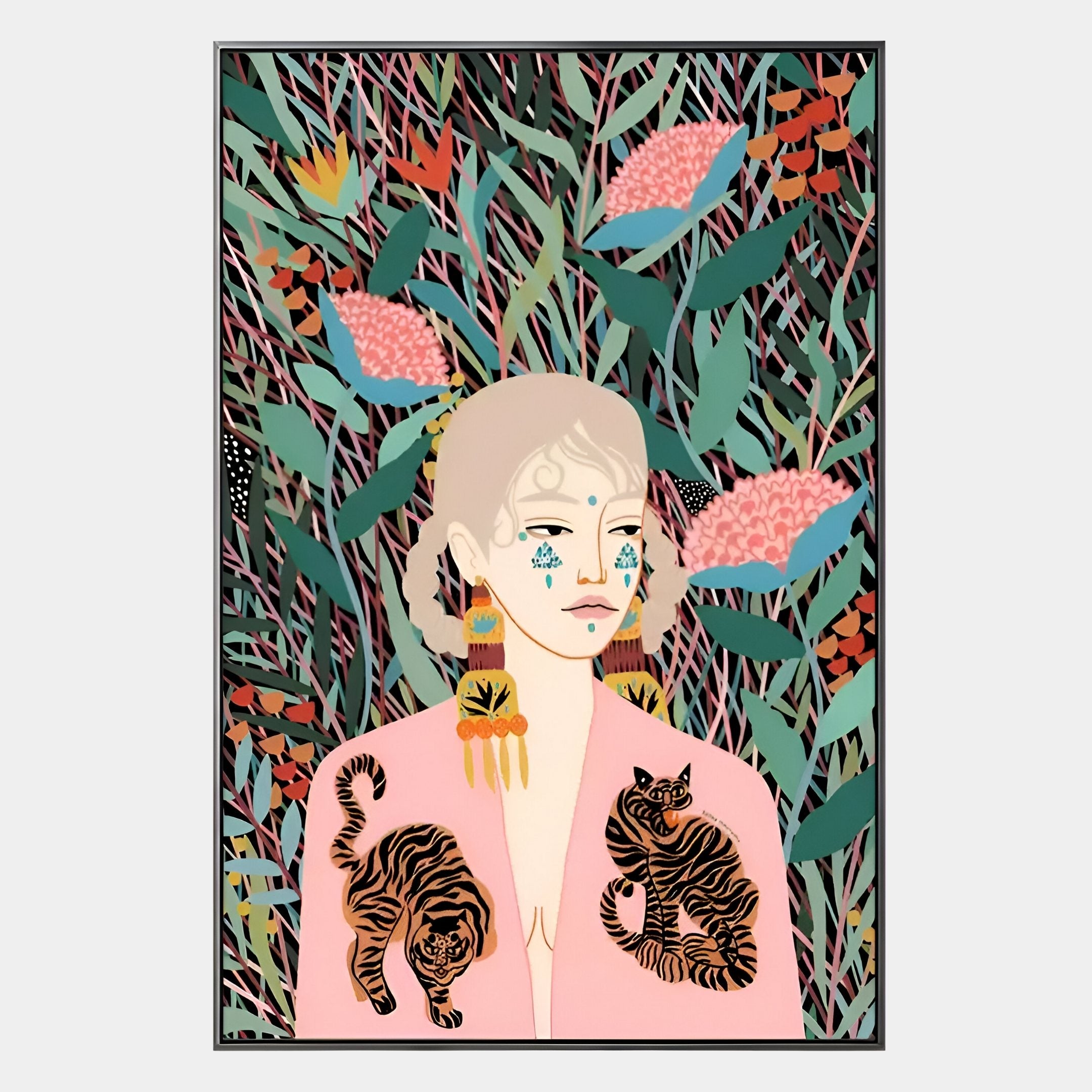 The Solana Bohemian Muse Wood Relief 3D LED Wall Art by Giant Sculptures features a stylized figure in a pink robe with two tigers, set amid vibrant abstract plants—an artistic boho decor piece for your home.