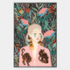 The Solana Bohemian Muse Wood Relief 3D LED Wall Art by Giant Sculptures features a stylized figure in a pink robe with two tigers, set amid vibrant abstract plants—an artistic boho decor piece for your home.