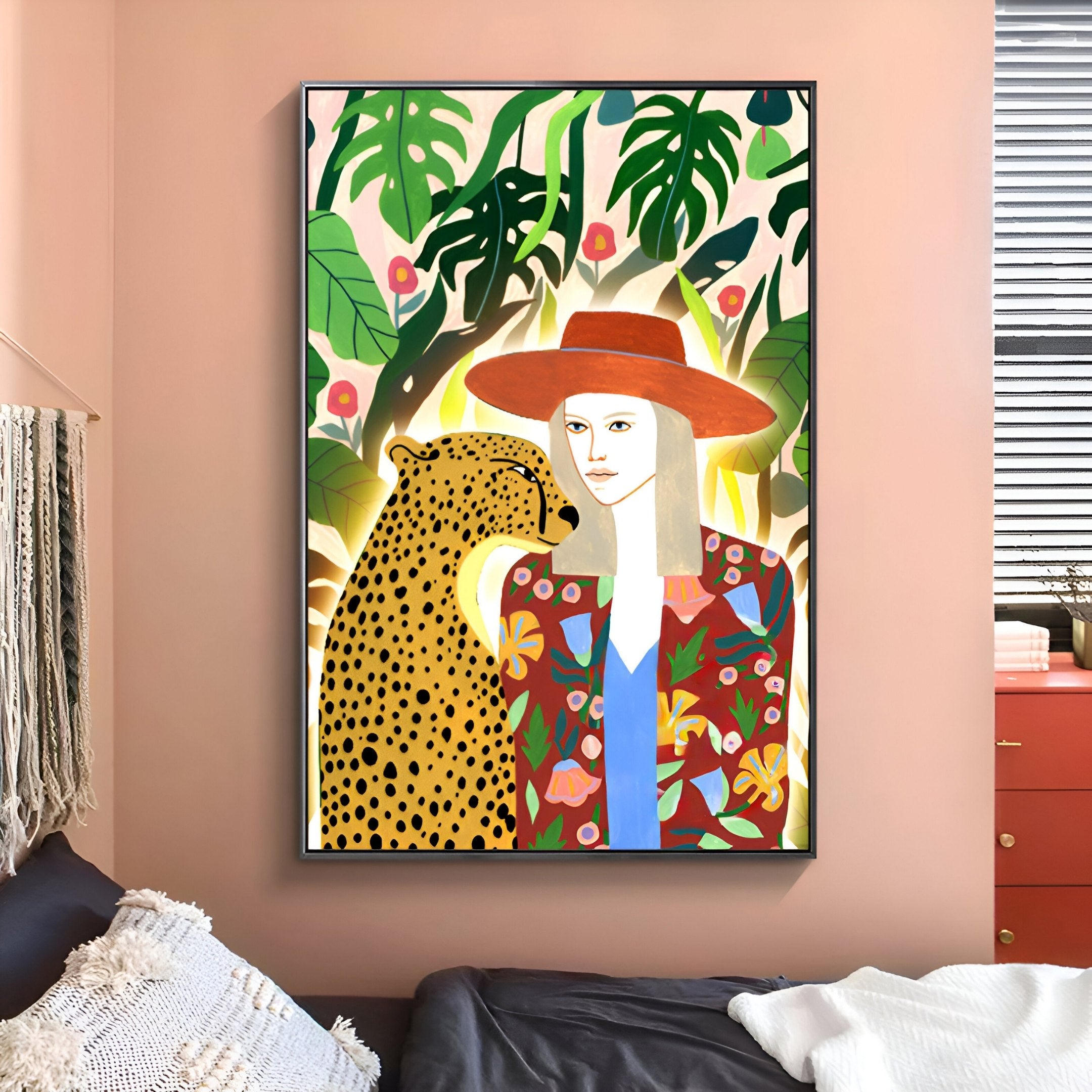 The Solana Tropical Elegance Wood Relief 3D LED Wall Art by Giant Sculptures showcases a woman in a vibrant floral jacket and wide-brimmed hat beside a leopard, set against lush green leaves and pink flowers, with a glimpse of a bed in the foreground.