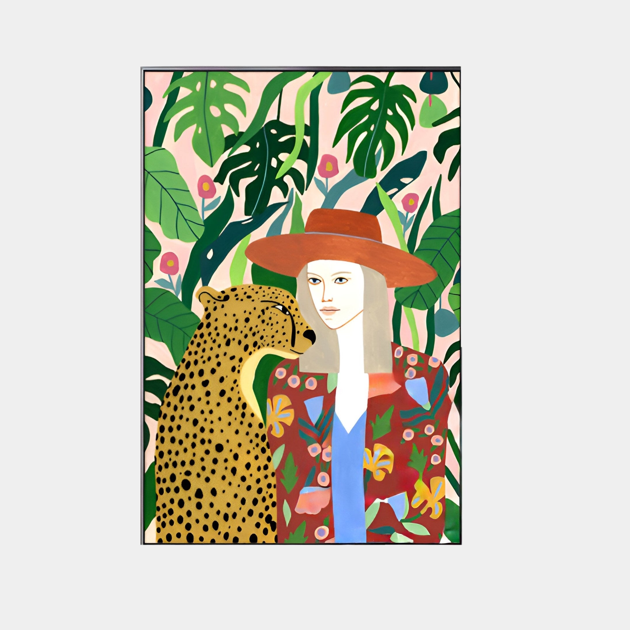 The Solana Tropical Elegance Wood Relief 3D LED Wall Art by Giant Sculptures features a person in a colorful floral jacket and wide-brimmed hat, exuding tropical elegance beside a cheetah. Theyre surrounded by lush greenery and pink flowers, creating a vibrant, exotic ambiance.