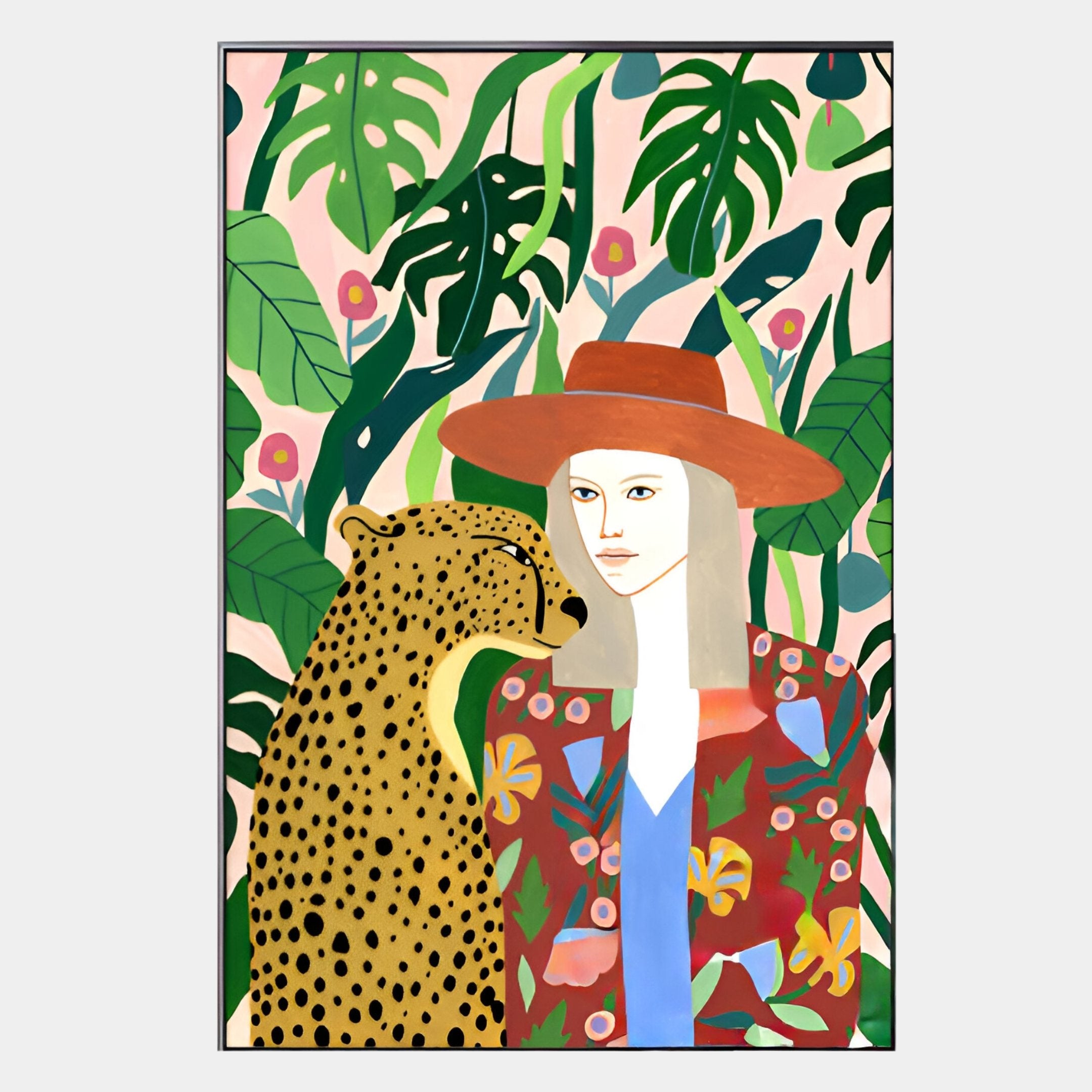 The Solana Tropical Elegance Wood Relief 3D LED Wall Art by Giant Sculptures features a woman in a vibrant hat and jacket beside a spotted leopard, set against lush green leaves and pink flowers for a striking tropical display.
