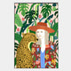 The Solana Tropical Elegance Wood Relief 3D LED Wall Art by Giant Sculptures features a woman in a vibrant hat and jacket beside a spotted leopard, set against lush green leaves and pink flowers for a striking tropical display.
