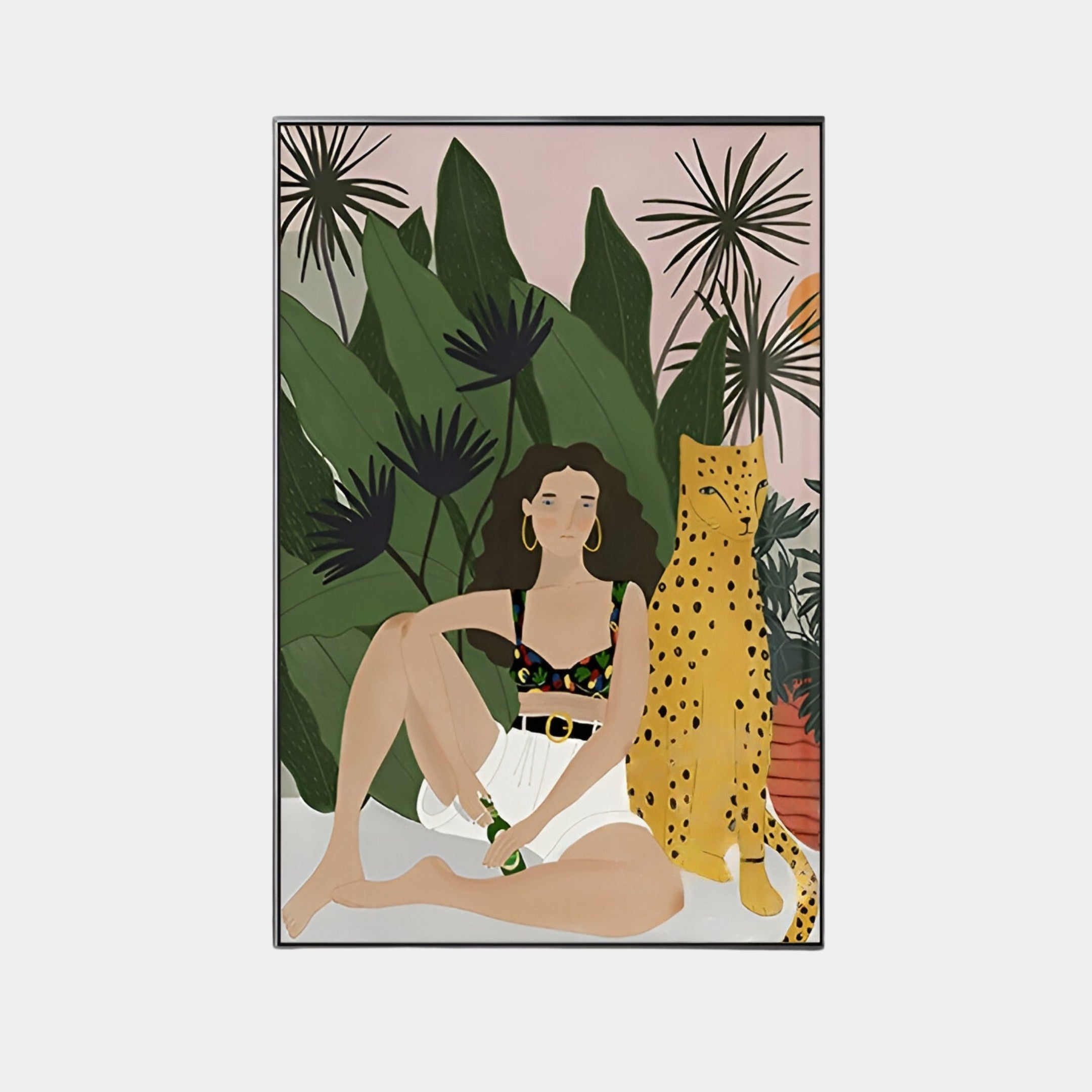 A woman sits beside a lounging cheetah amid lush tropical foliage, wearing a floral top and white shorts with a drink in hand. This scene is captured in the Solana Wild Serenity Wood Relief 3D LED Wall Art by Giant Sculptures, evoking vibrant, intricate wood relief artistry.