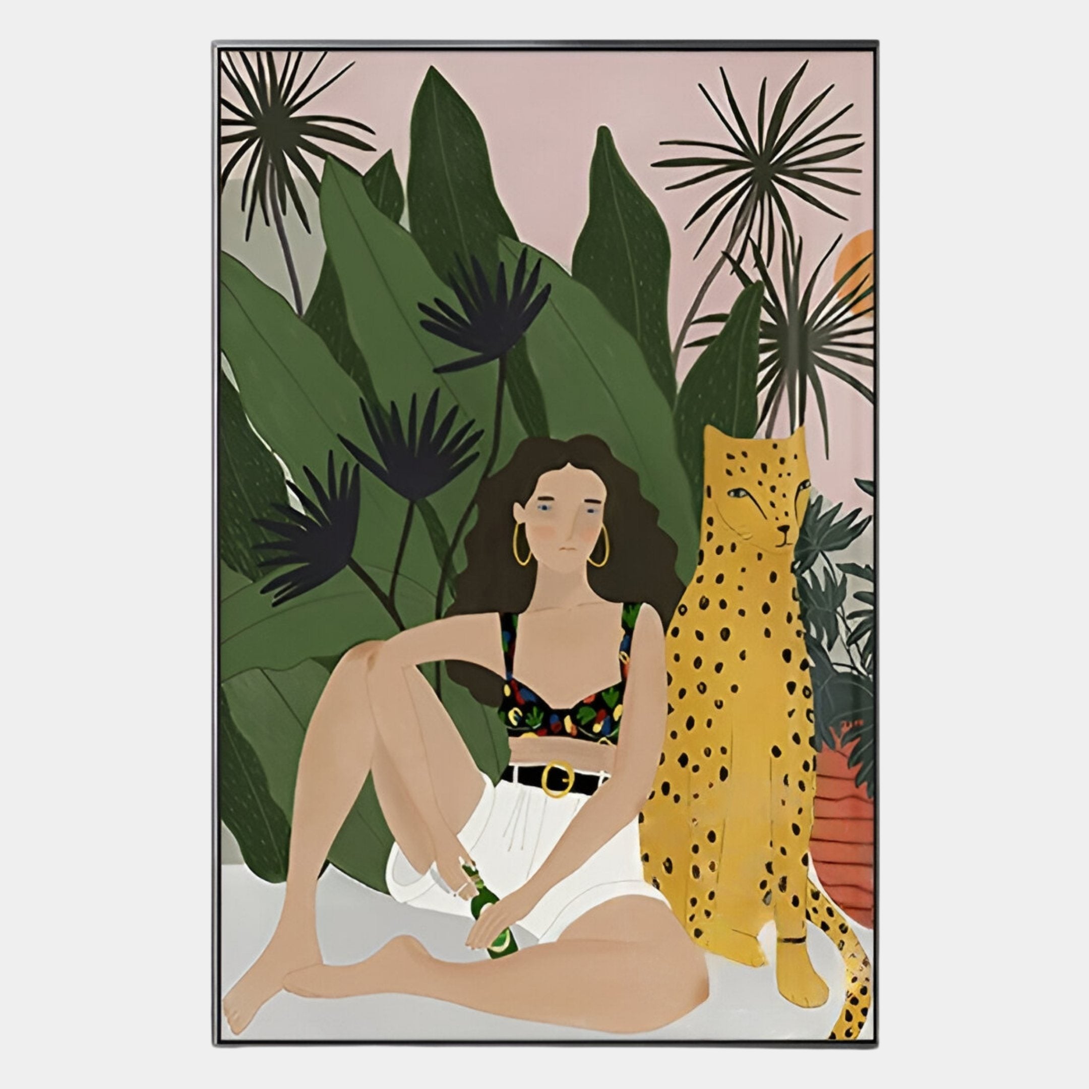 The Solana Wild Serenity Wood Relief 3D LED Wall Art by Giant Sculptures showcases a woman with dark hair sitting beside a yellow cheetah, framed by lush green leaves and potted plants—ideal for nature-inspired decor lovers.