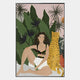 The Solana Wild Serenity Wood Relief 3D LED Wall Art by Giant Sculptures showcases a woman with dark hair sitting beside a yellow cheetah, framed by lush green leaves and potted plants—ideal for nature-inspired decor lovers.