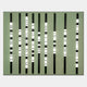 The Strata Olive LED Wall Art by Giant Sculptures features nine vertical black rods with glowing white bands on an olive background, adding a modern aesthetic to any space.