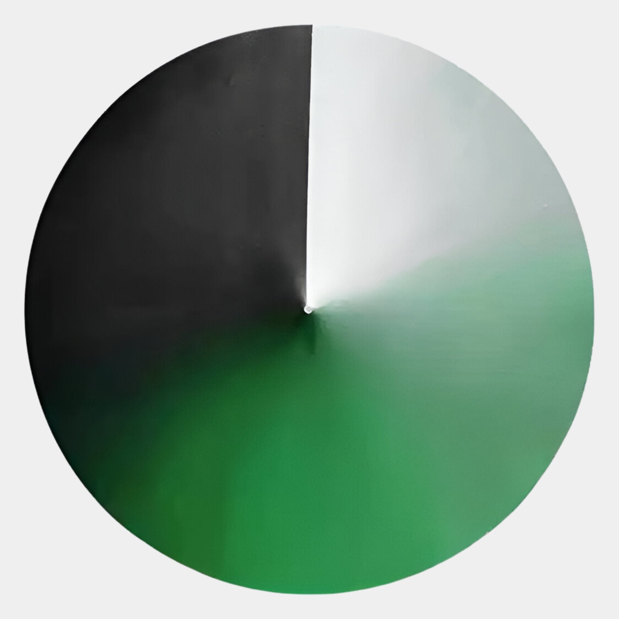 The Orbit Emerald Hand-Painted Canvas 3D LED Wall Art by Giant Sculptures features a circle divided into black, white, and green sections with gently blended borders, evoking an elegant gradient inspired by an emerald canvas.