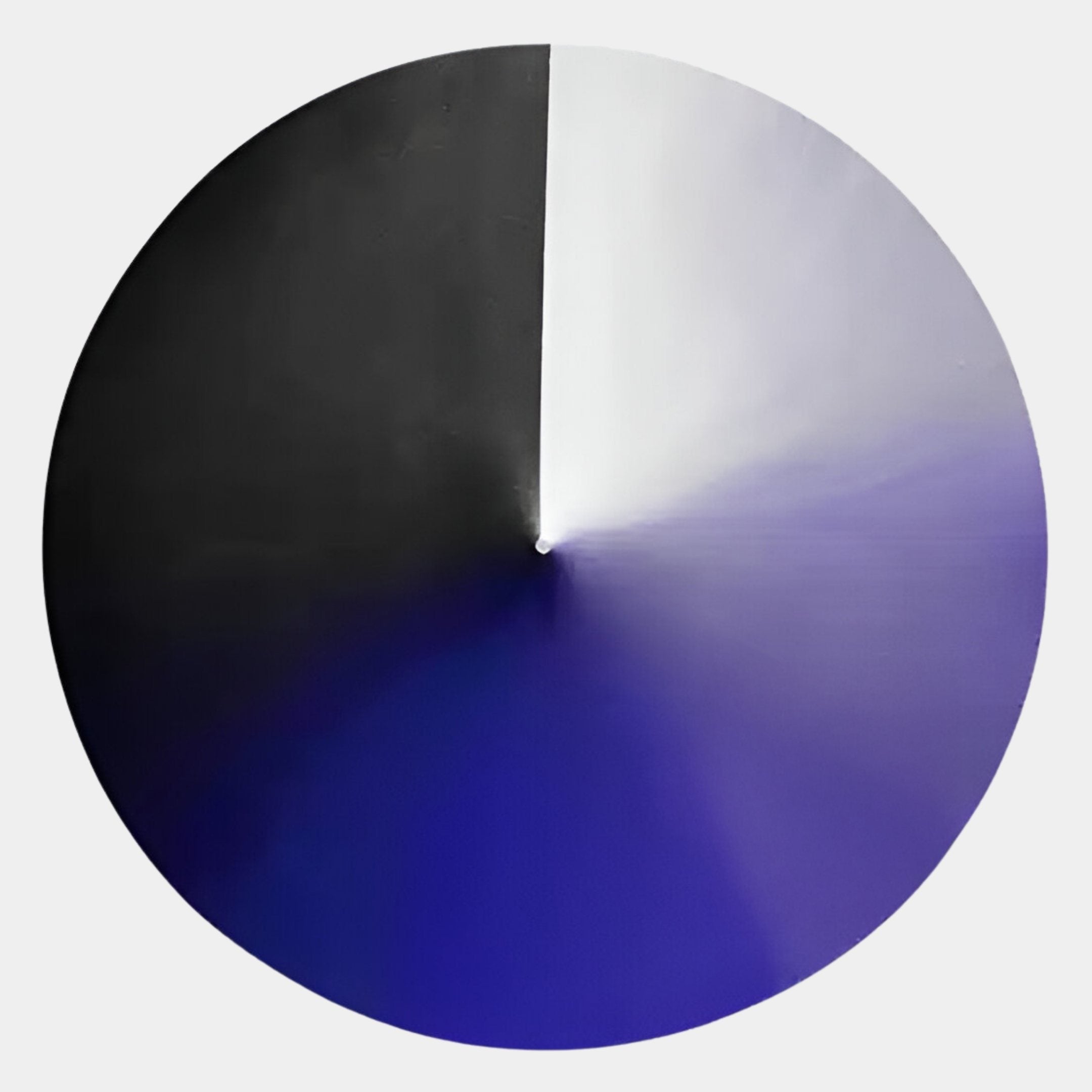 A circular, hand-painted wall art by Giant Sculptures, the Orbit Violet Hand-Painted Canvas 3D LED features black left, white top right, and deep blue bottom sections that blend seamlessly at the center for a striking abstract effect.