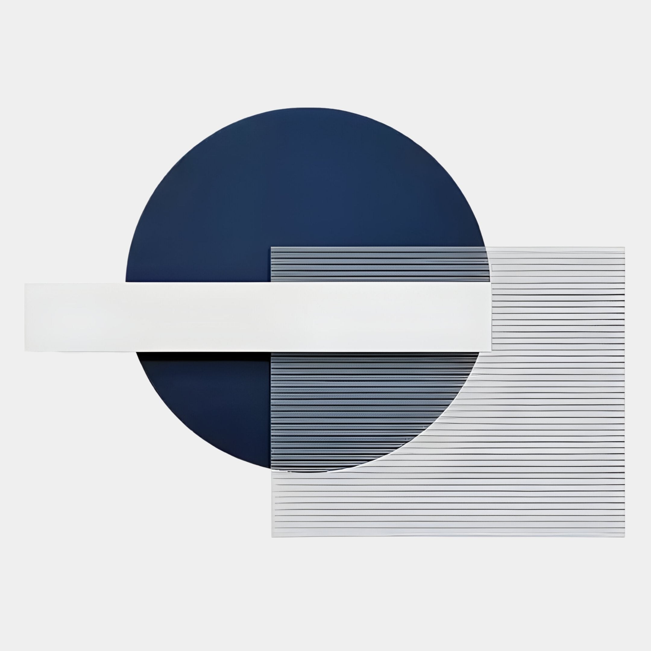 The Aeon Midnight Indigo Leather 3D LED Wall Art by Giant Sculptures features a large indigo circle, white and transparent overlapping rectangles with thin black lines, creating a striking minimalist and contemporary look against a light background.