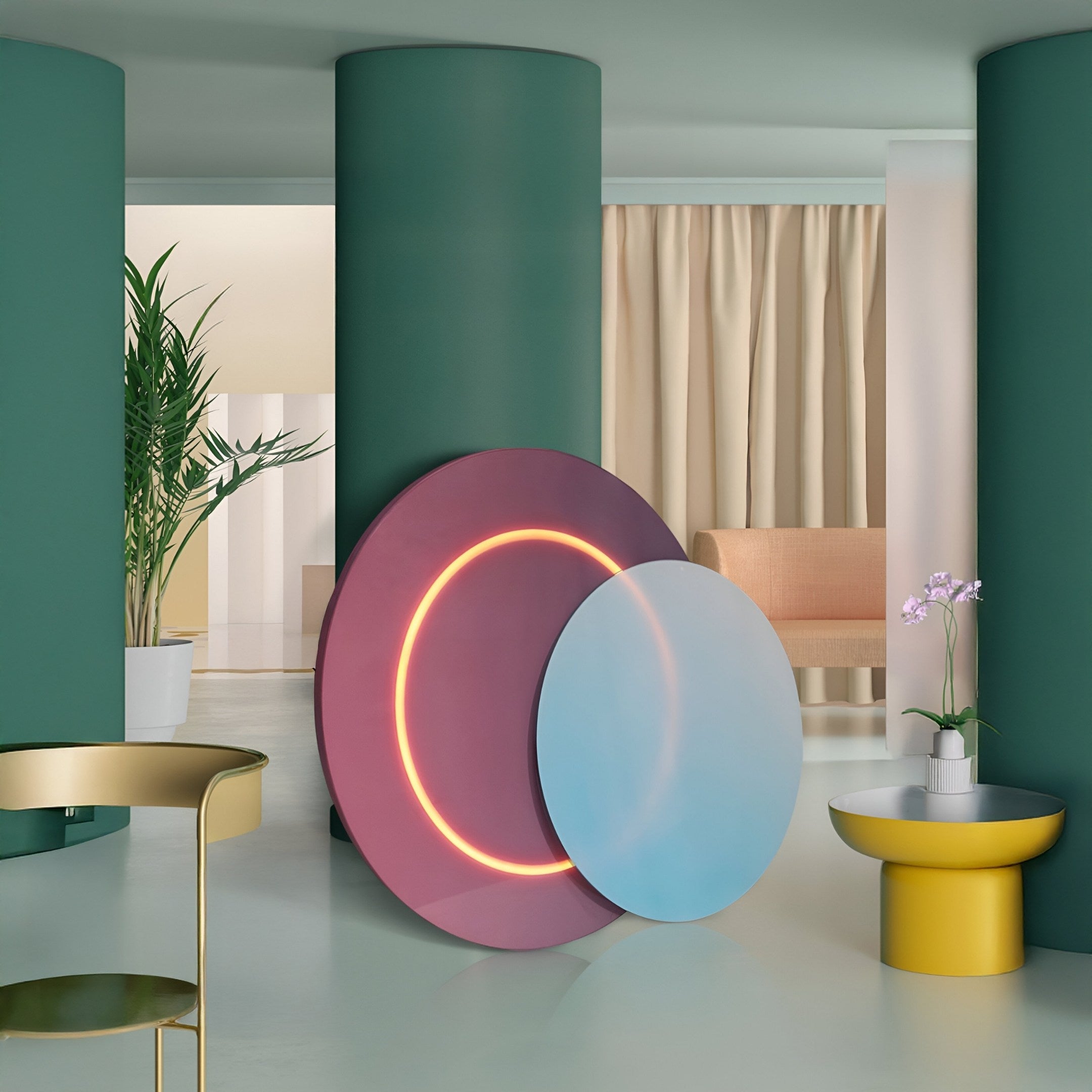 A modern interior includes green pillars, a plant, and abstract art. Two circular artworks are showcased: one is the Lunar Blush Sky by Giant Sculptures, a Crystal Porcelain 3D Yellow LED Wall Art with a glowing ring. A beige sofa sits behind a yellow round table and a white one with crystal decor.