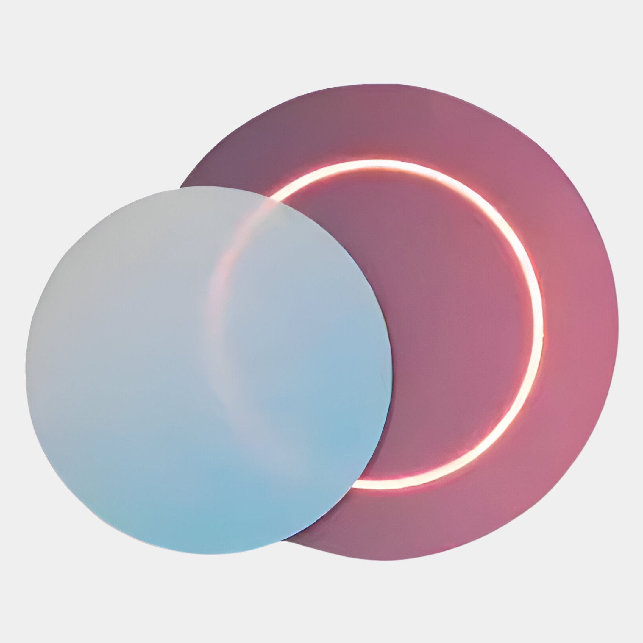Two overlapping discs—one light blue, one pinkish-purple—evoke Giant Sculptures’ Lunar Blush Sky Crystal Porcelain 3D White LED Wall Art. A glowing neon ring on the pinkish-purple disc creates an illuminated effect where the discs meet.