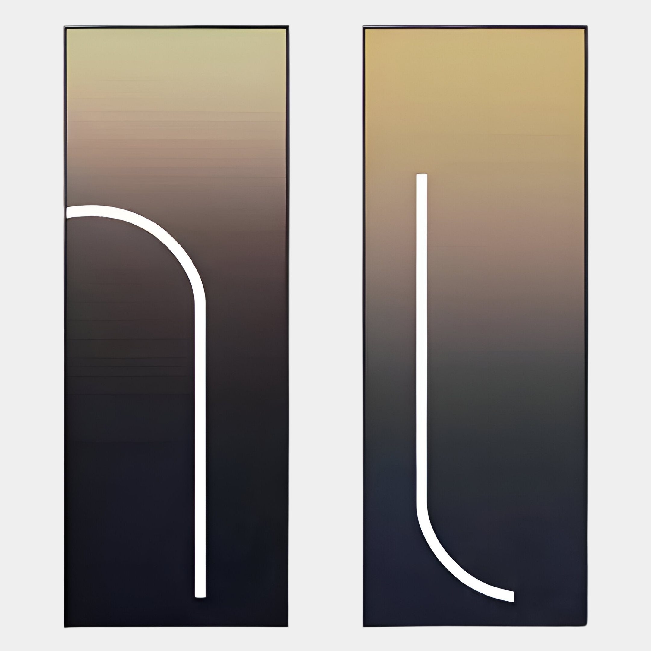 The Arcolume III Neutral Gradient Geometric LED Wall Art by Giant Sculptures features two tall panels with neutral gradients, one adorned with a white arched line and the other with a straight line that curves at the end.