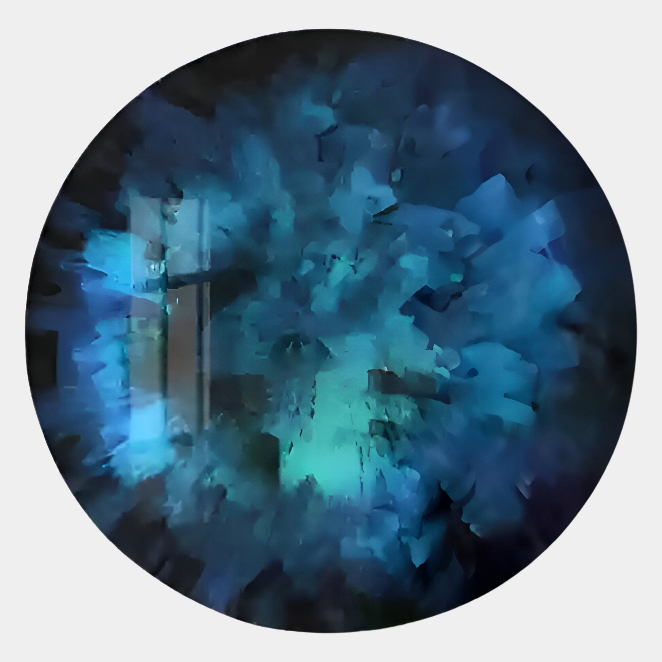 The Lumea Textured Deep Blue 3D LED Crystal Porcelain Wall Art by Giant Sculptures displays vibrant blue and green crystalline patterns radiating from the center, creating a dynamic, energetic effect.