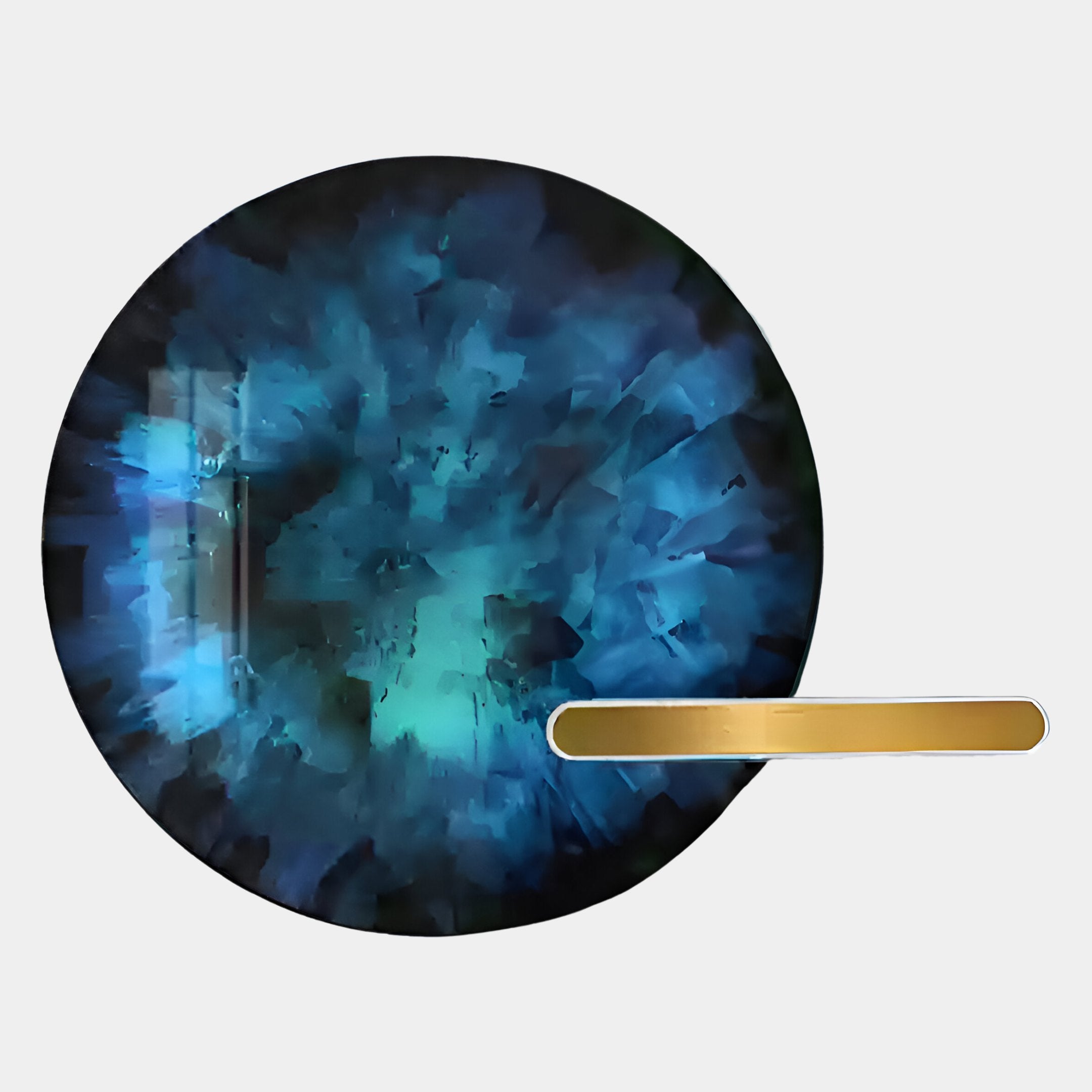 The Lumea Abstract Blue 3D LED Crystal Porcelain Wall Art by Giant Sculptures features circular, burst-like blue and teal forms intersected by a gold bar—ideal for contemporary spaces with a white backdrop.