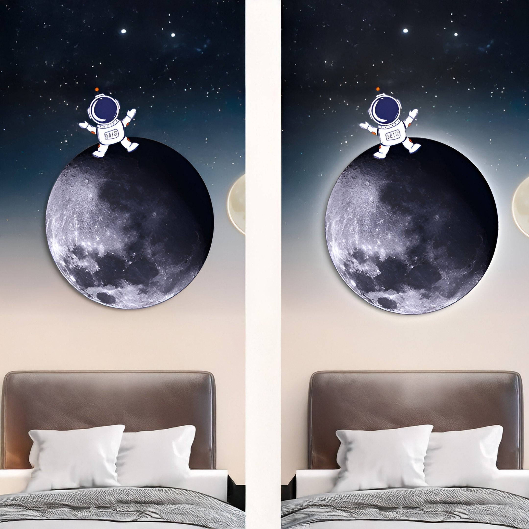 Two images display a bedroom wall complemented by the Cosmos Astronaut Dream UV Wood Carving LED Wall Art from Giant Sculptures, featuring a large moon decal above the bed. An illustrated astronaut appears atop the moon, with a bed underneath enhanced by white pillows and a brown headboard.