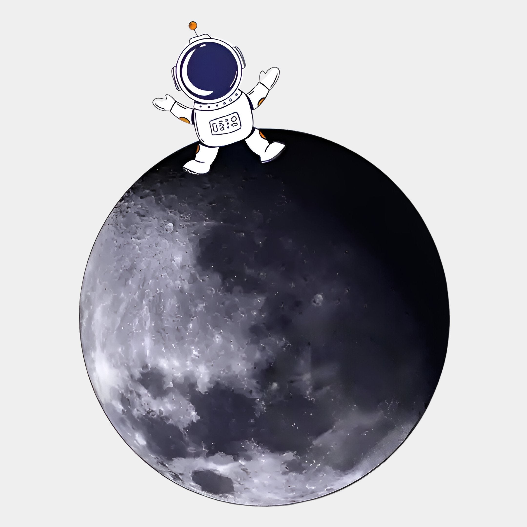 A cartoon astronaut waves atop a detailed moon in the Cosmos Astronaut Dream UV Wood Carving LED Wall Art by Giant Sculptures, blending playful charm and cosmic wonder against a plain white background.