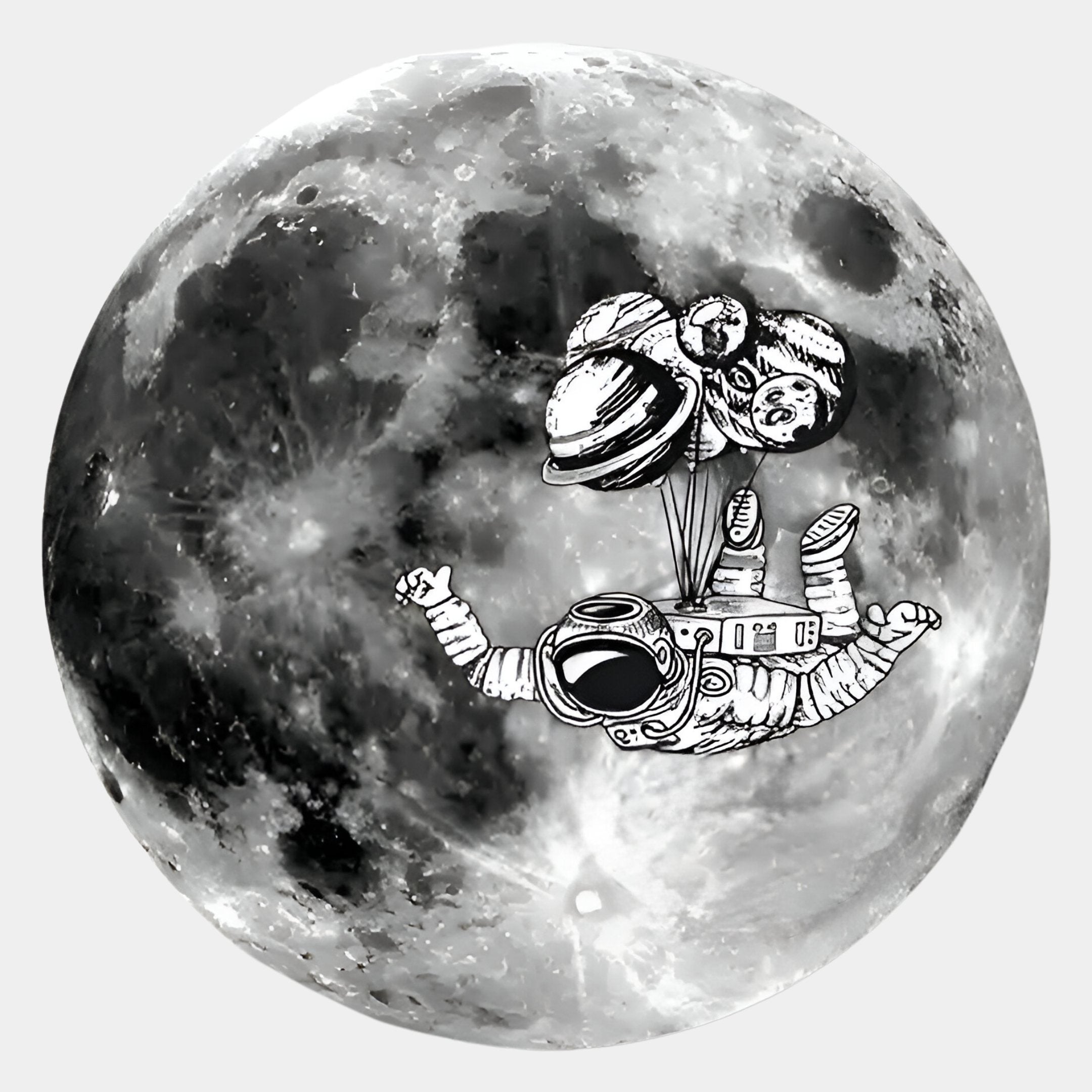 The Cosmos Astronaut Adventure UV Wood Carving LED Wall Art by Giant Sculptures features an astronaut with planet-shaped balloons before the moon—a striking black-and-white décor piece to elevate any space.