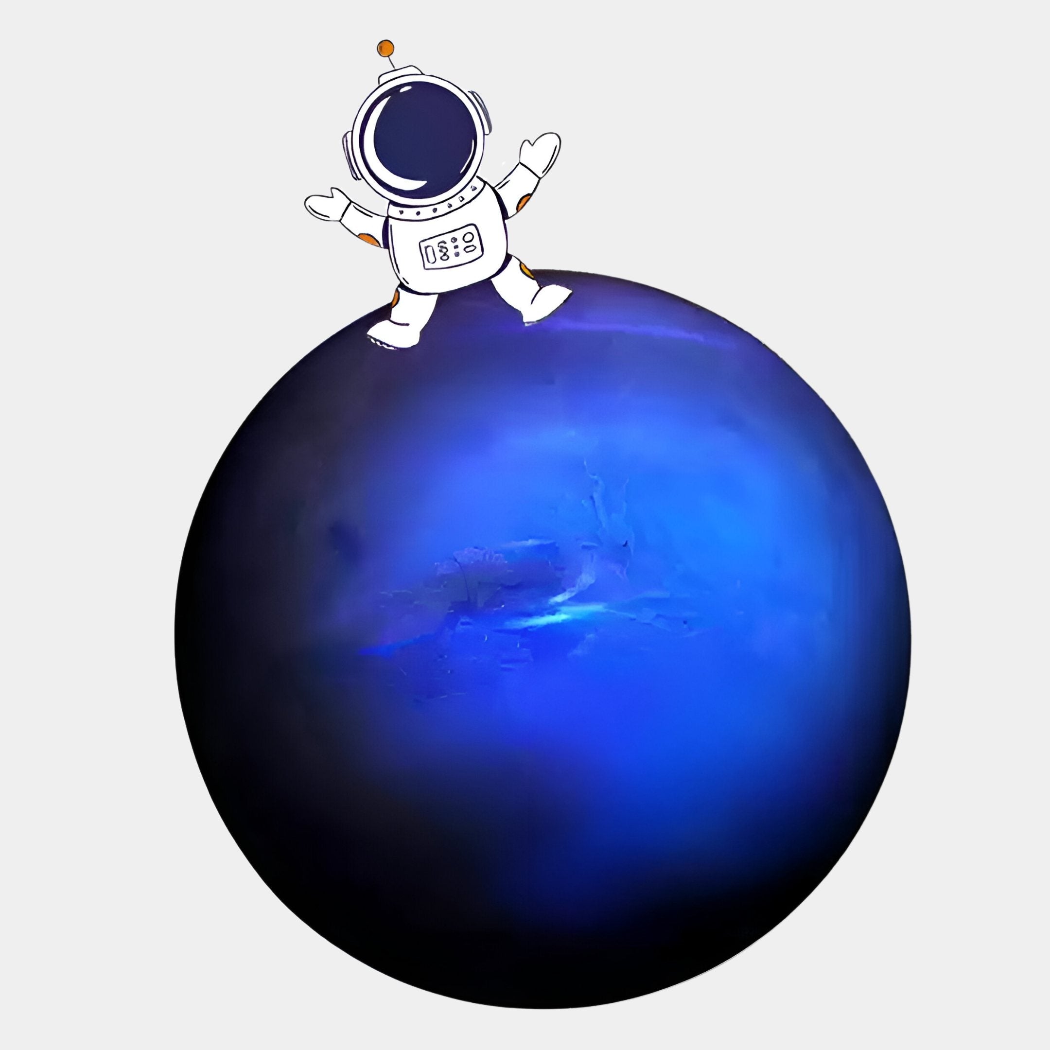 The Cosmos Blue Planet UV Wood Carving LED Wall Art by Giant Sculptures features a cartoon astronaut on a blue spherical planet, set against a light gray background—ideal décor for any space enthusiast.