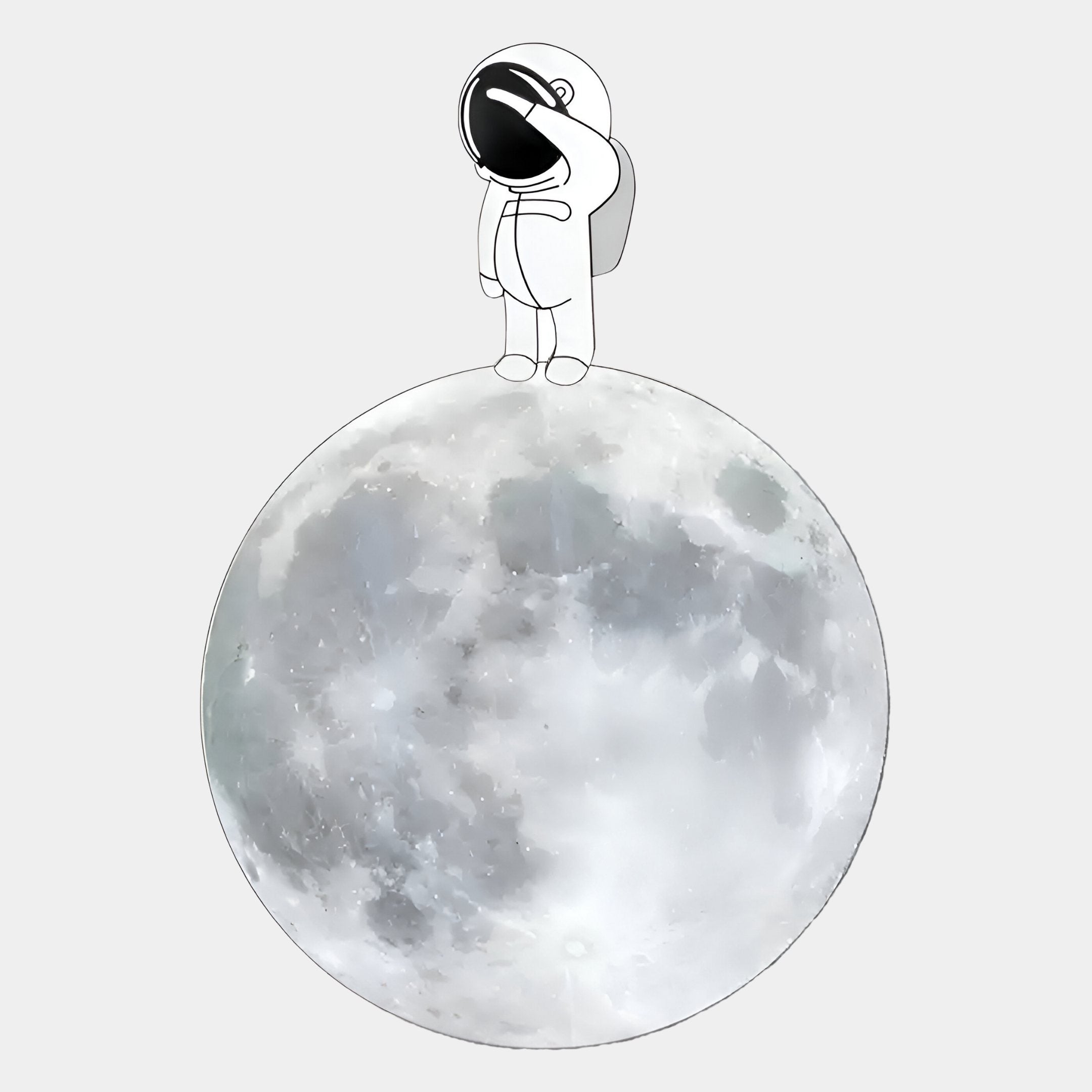 A cartoon astronaut stands atop a realistic full moon on a light gray background, embodying the spirit of Giant Sculptures’ Cosmos Astronaut Wonder UV Wood Carving LED Wall Art—perfect for inspiring any space. The astronaut gazes upward, shading its visor.