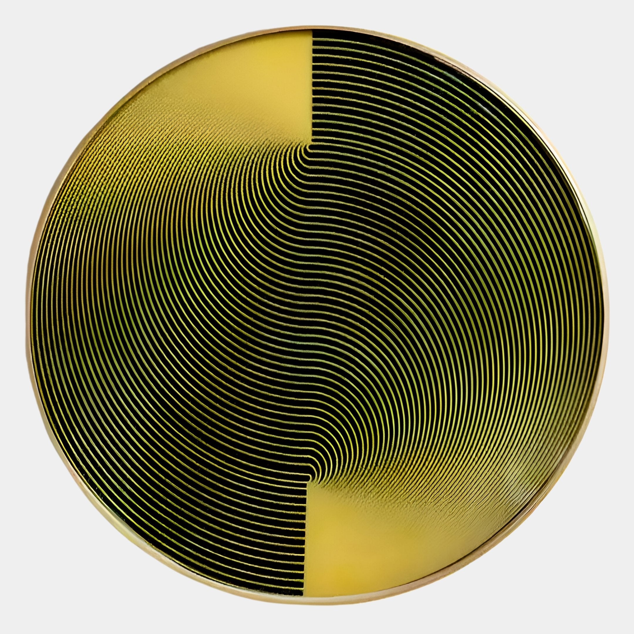 The Giant Sculptures Astral Gold Crystal Porcelain LED Wall Art features a circular design with black and yellow geometric patterns, concentric curved lines, and striking contrasts, creating an illusion of movement.