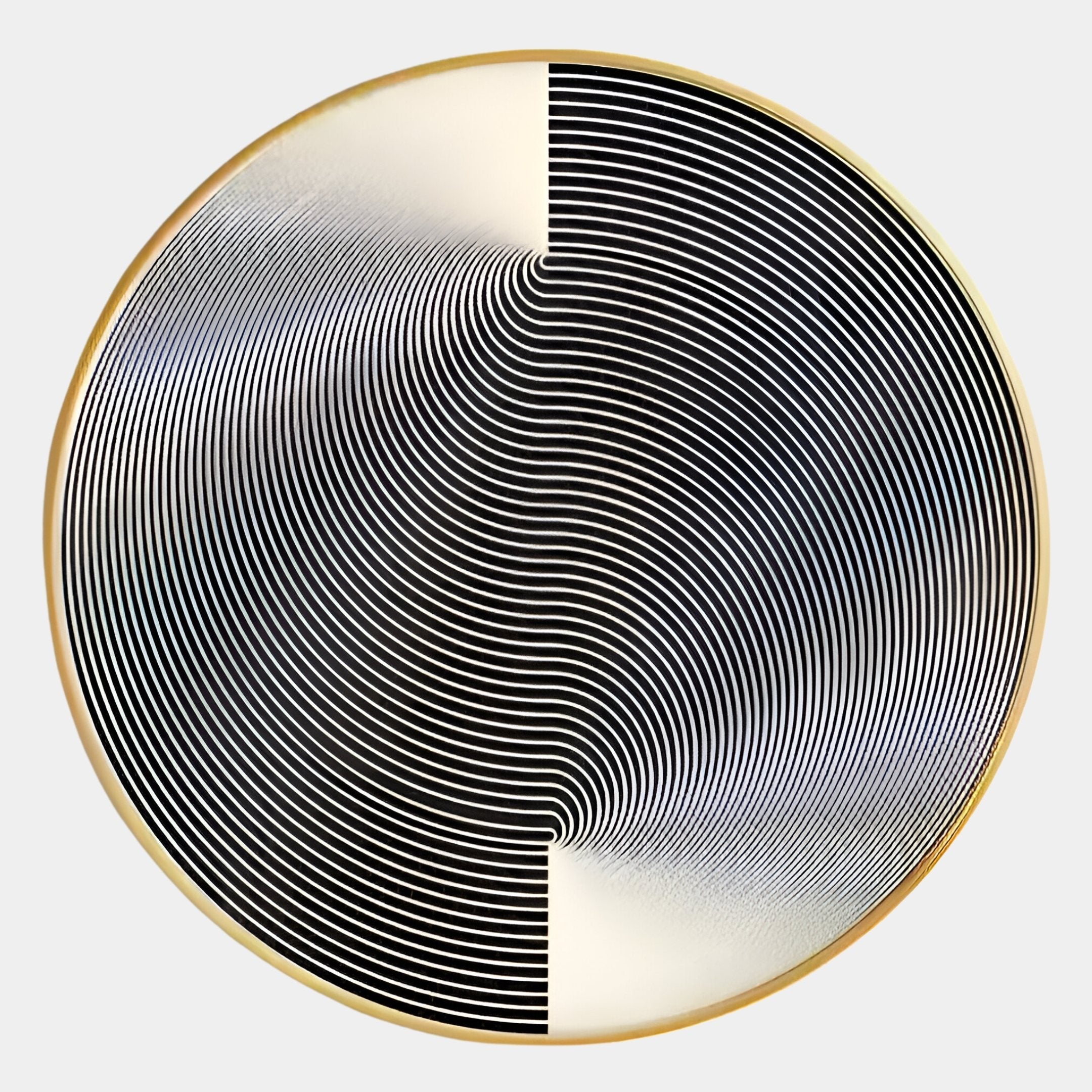 The Astral Silver Crystal Porcelain LED Wall Art by Giant Sculptures features a circular design with wavy black lines on white, accented by a thin gold border—ideal for adding a modern touch to your space.